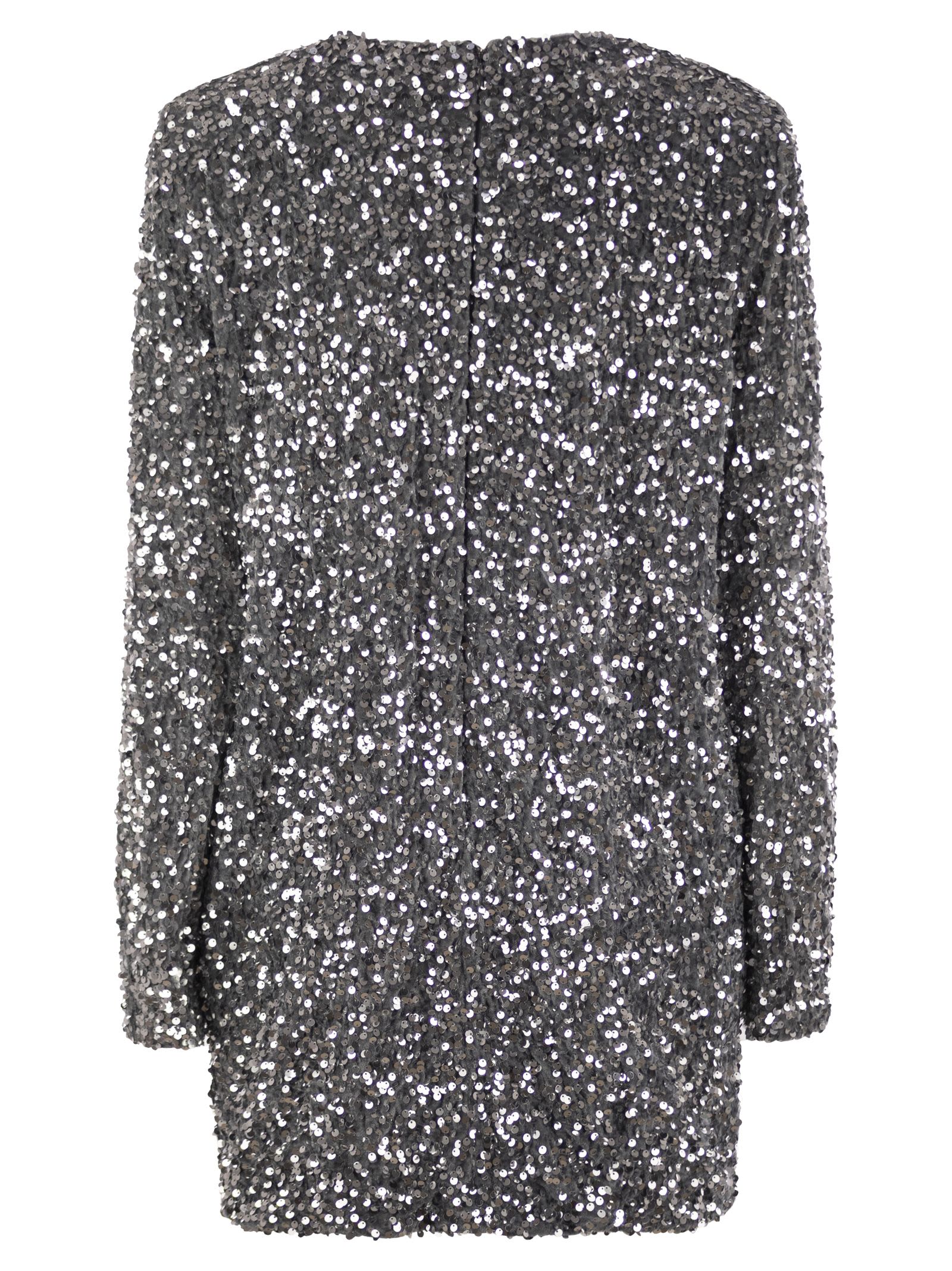 Shop Elisabetta Franchi Embroidered Boxy Mini Dress In Chenille With Sequins In Silver