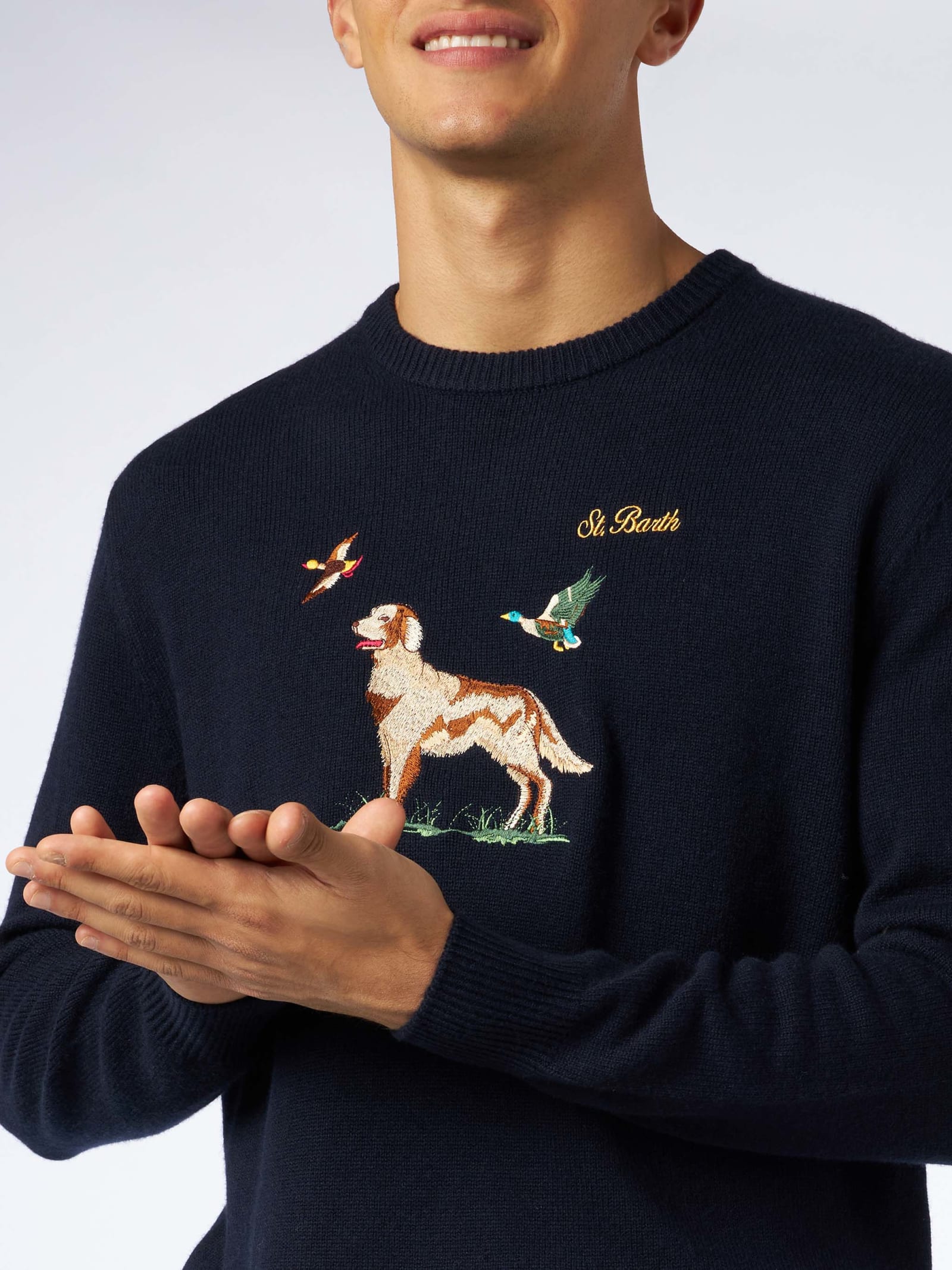 Mc2 Saint Barth Man Crewneck Donegal Sweater With English Pointer Jacquard In Blue