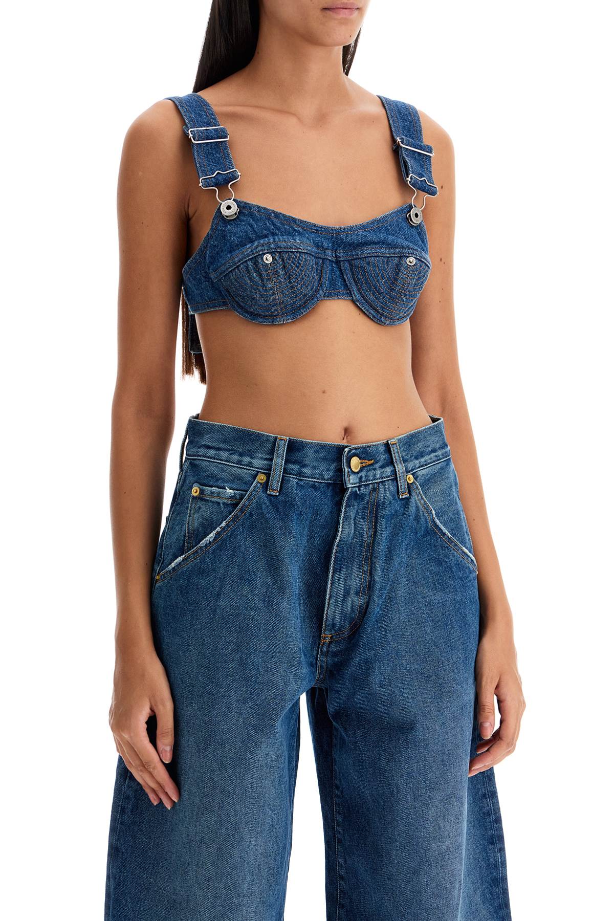 Shop Jean Paul Gaultier Denim Overall Bralette With Buck In Vintageblue (blue)