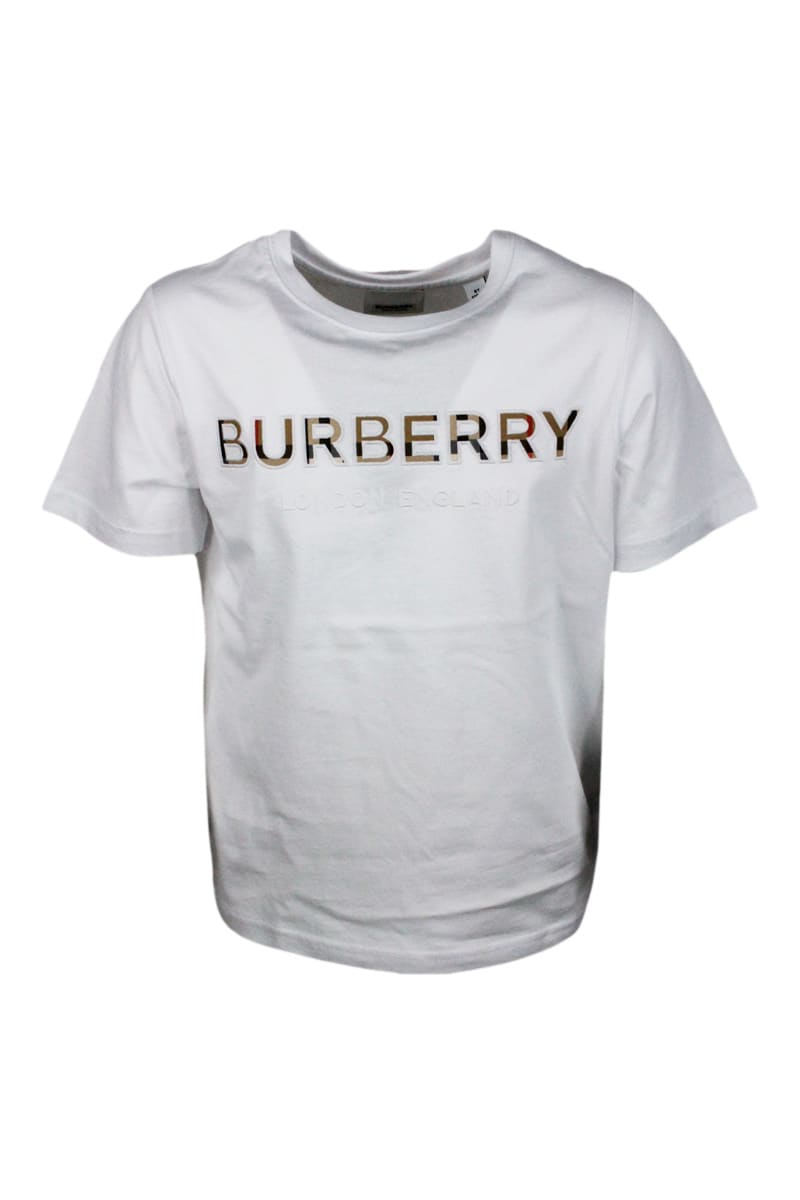 Burberry Short-sleeved Crew-neck T-shirt With Embossed Logo On The Front In Check
