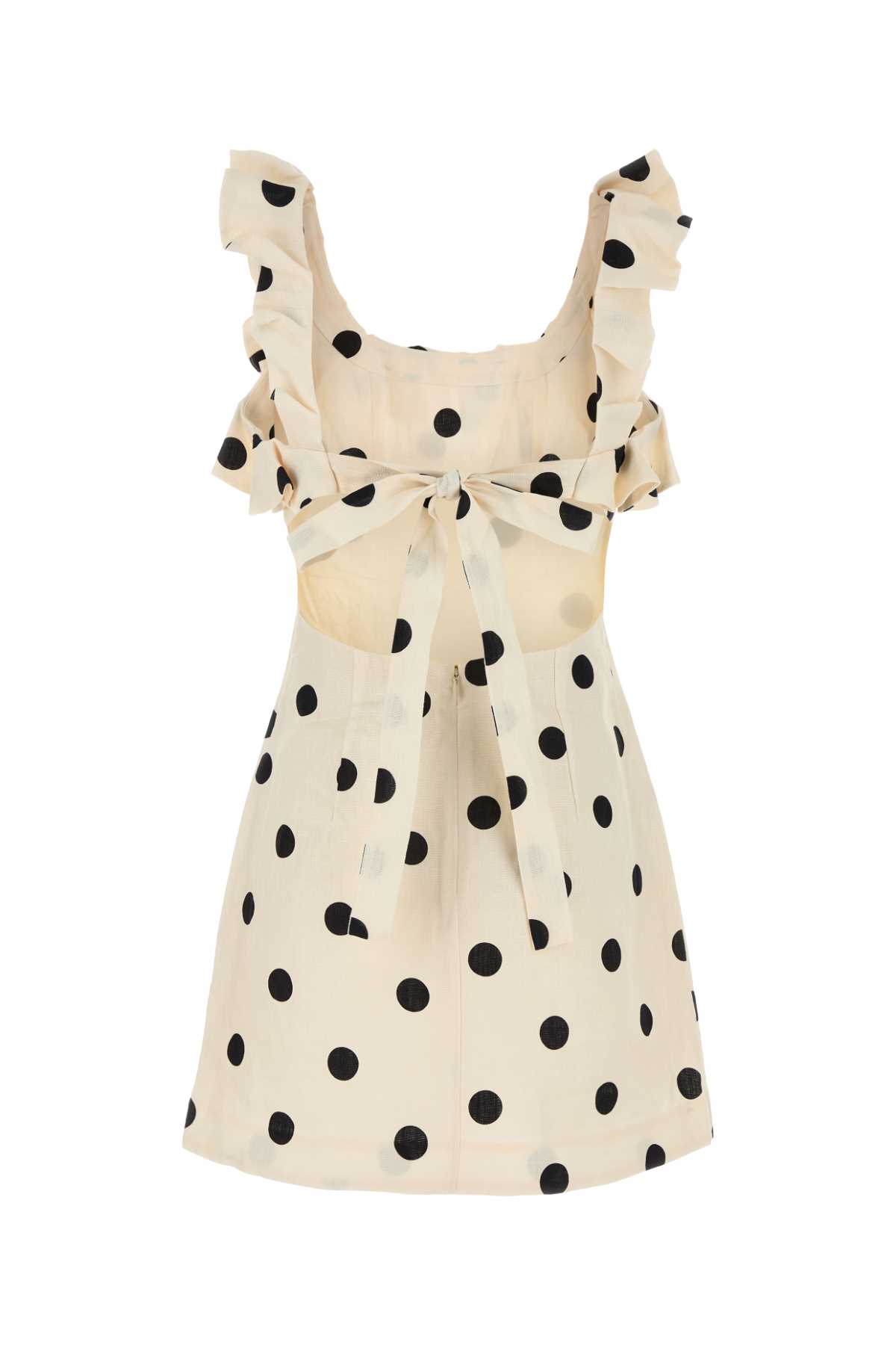 Zimmermann Print Ruffle Cutout Linen Minidress In Creamblackdot