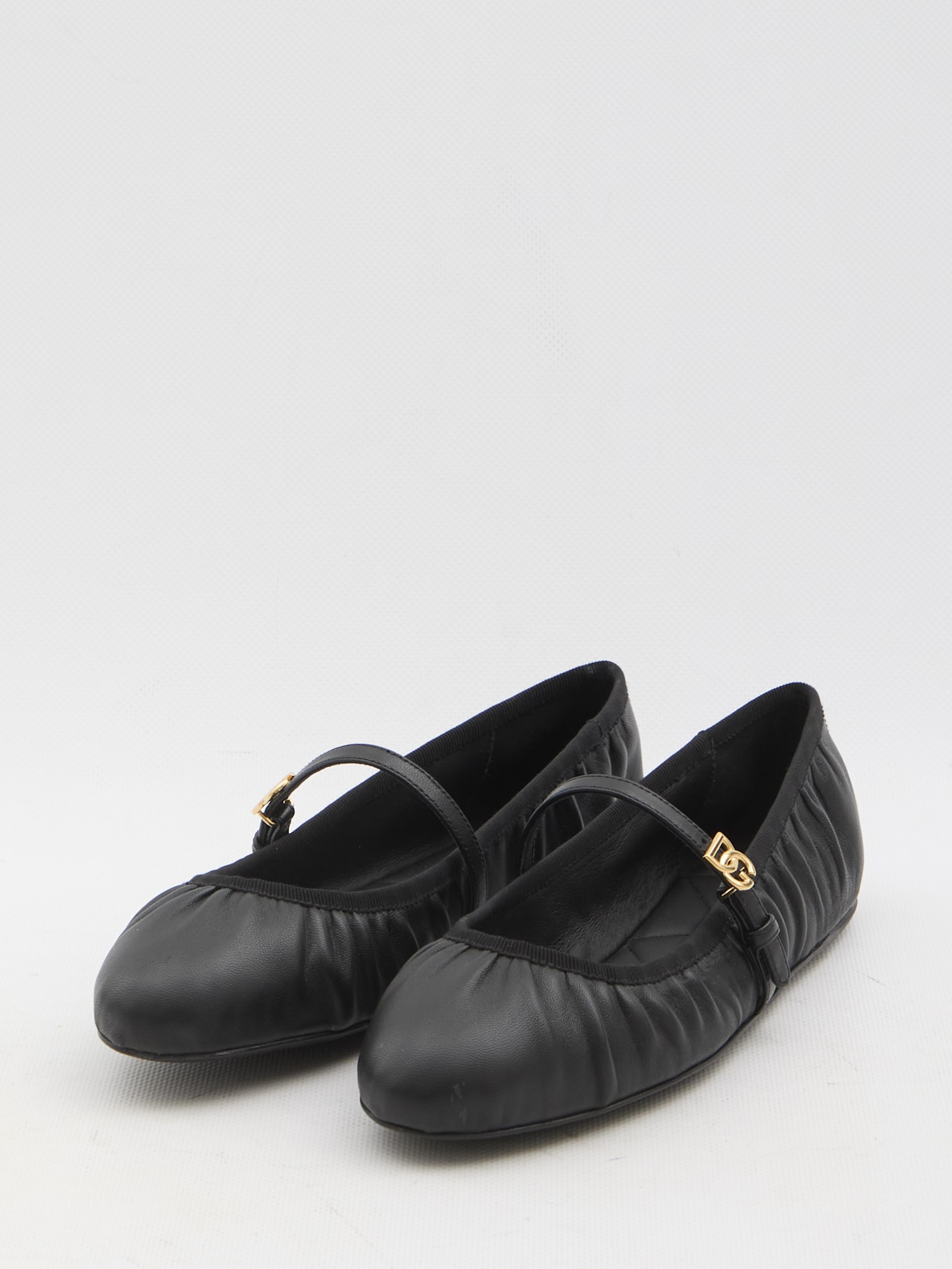 Dolce & Gabbana Black Ballerinas With Metallic Logo And Strap In Leather Woman In Nero