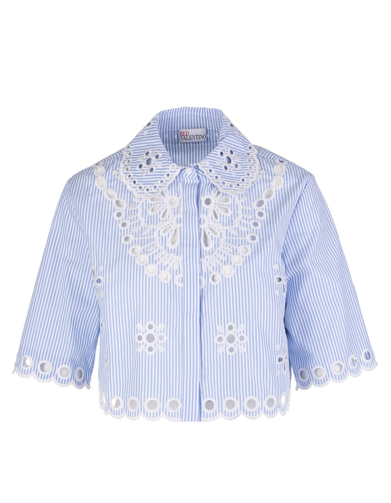 RED Valentino White And Light Blue Striped Crop Shirt With Sangallo Embroidery