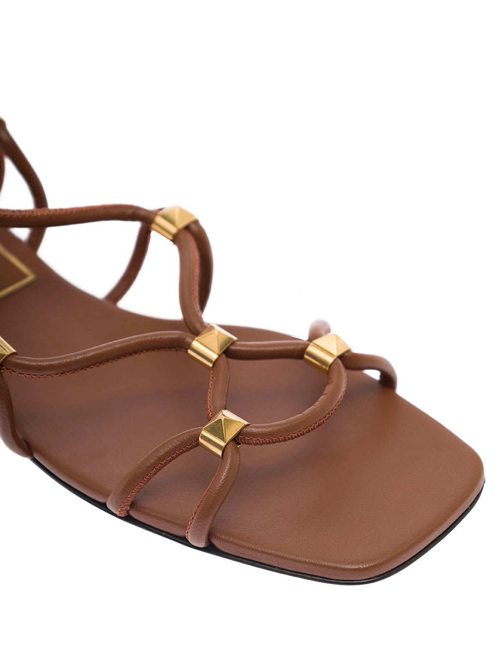 Shop Valentino Brown Flat Sandals With Signature Studs And Ankle Strap In Leather Woman