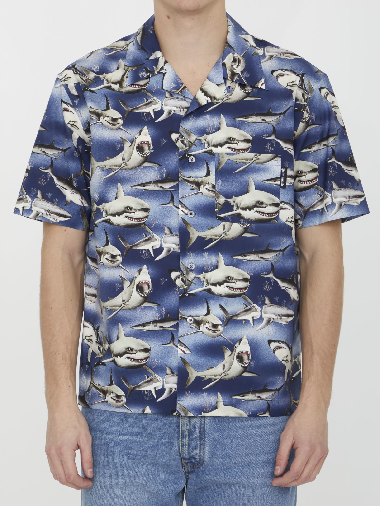 Shop Palm Angels Shark Print Shirt In Blue