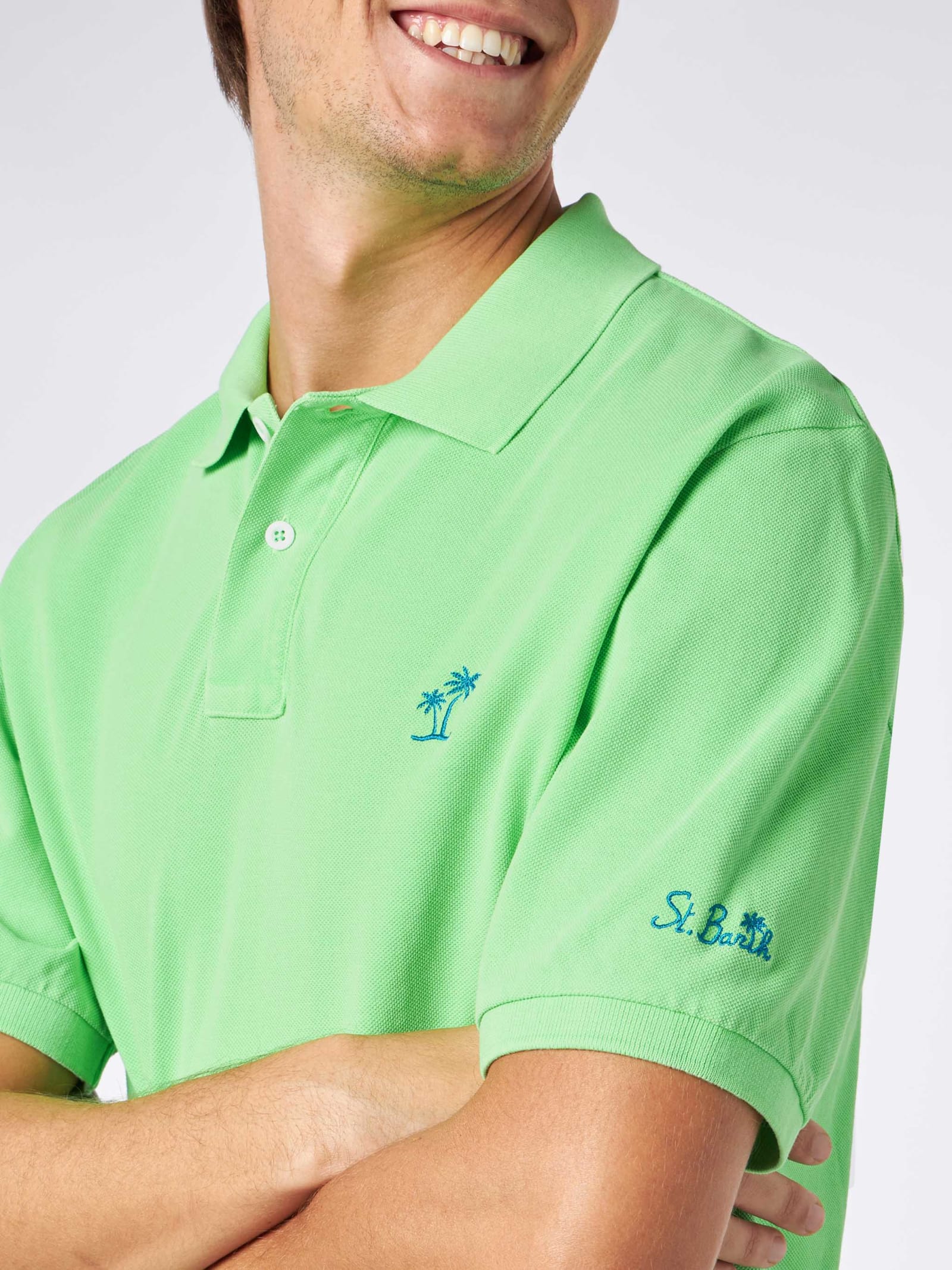 Mc2 Saint Barth Man Fluo Green Piquet Polo With St. Barth Logo And Vintage Effect In Fluo
