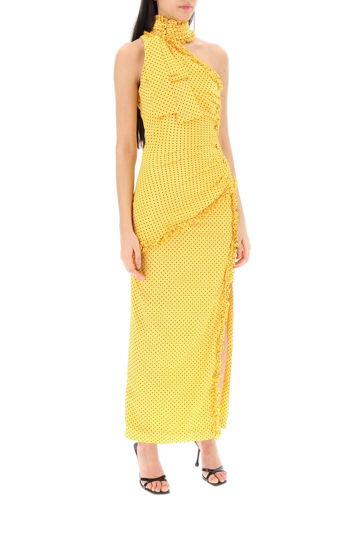 Shop Alessandra Rich Polka Dot One-shoulder Maxi Dress In Yellow/black
