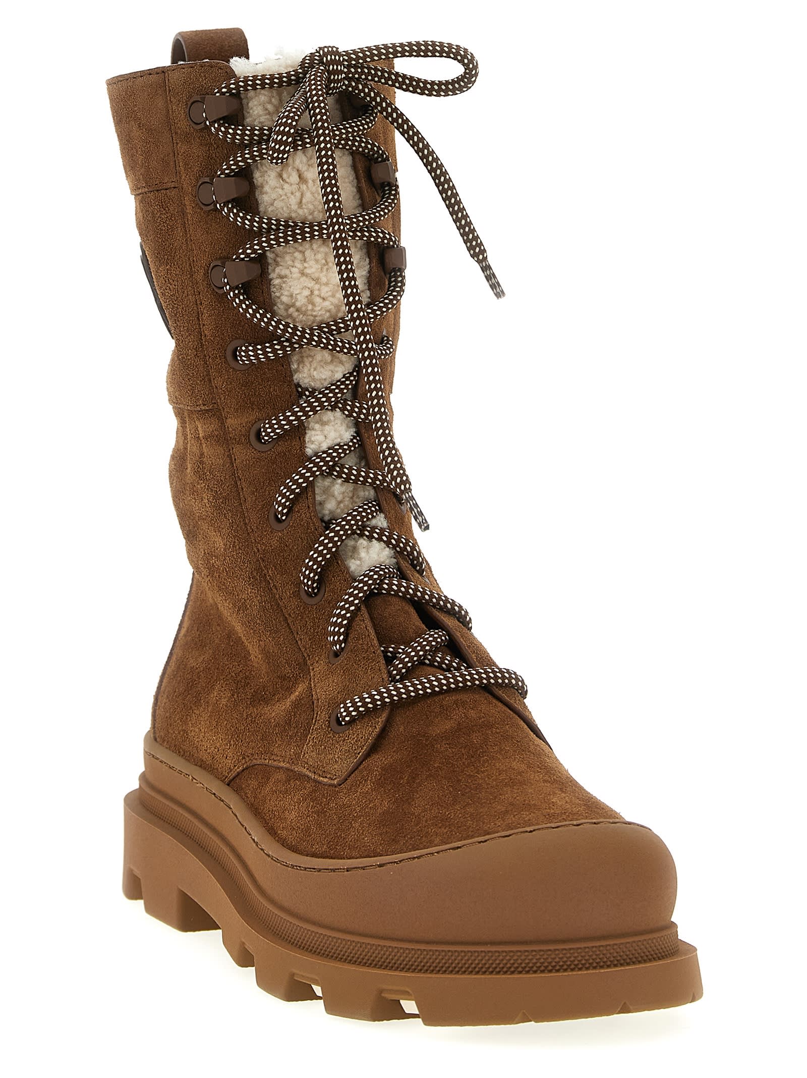Moncler Vera Shearling Lace-up High Boots In Brown