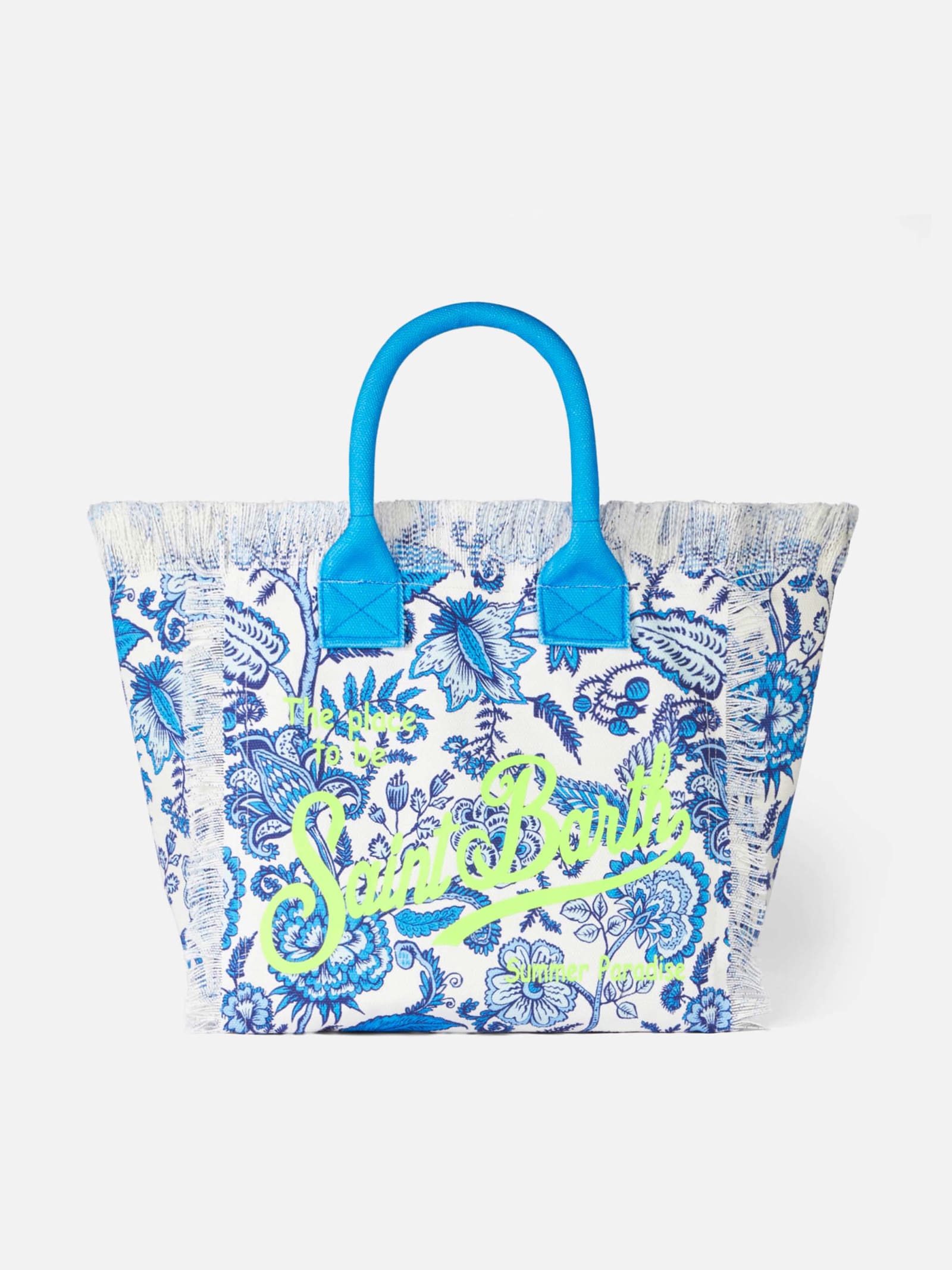 Mc2 Saint Barth Vanity Canvas Shoulder Bag With Blue Flower Print In White