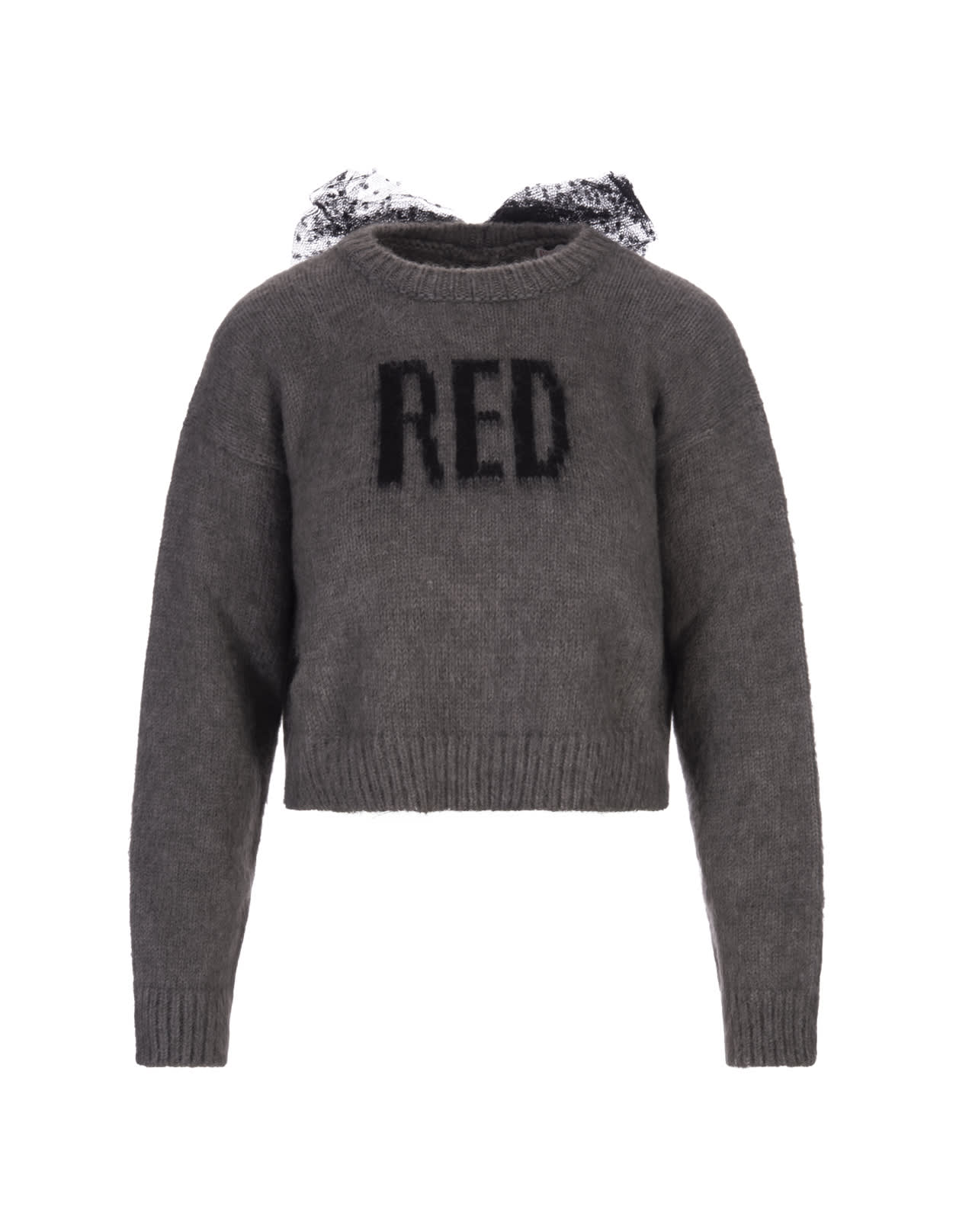 Shop Red Valentino Red Crop Sweater In Grey With Tulle Point Desprit  In Grey Melange
