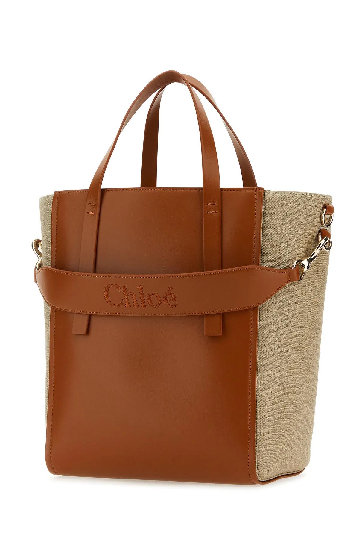 Shop Chloé Two-tone Linen And Leather Medium Sense Shopping Bag In Leather Brown