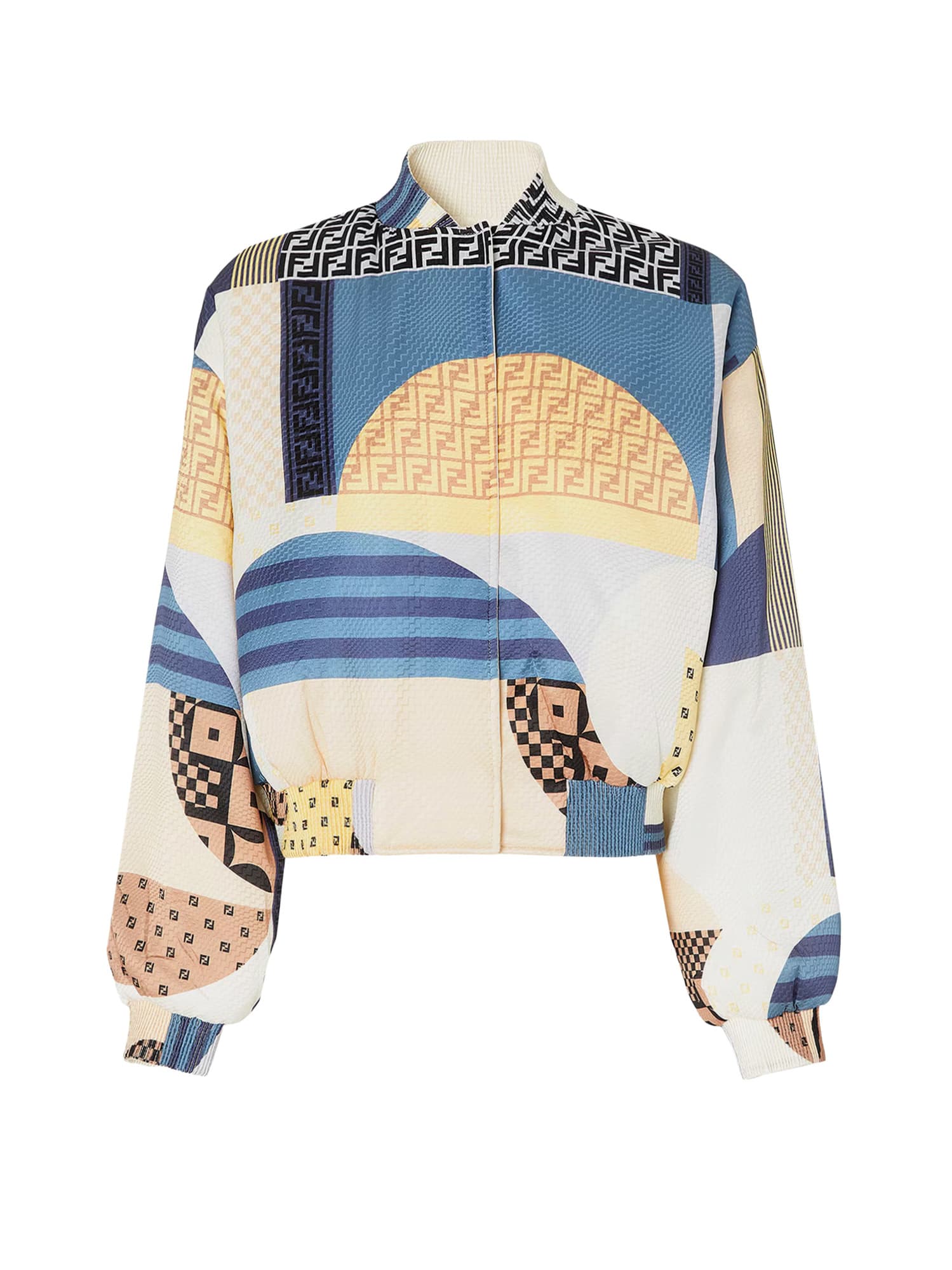 Fendi Blue Silk Reversible Bomber Jacket With Patchwork Print