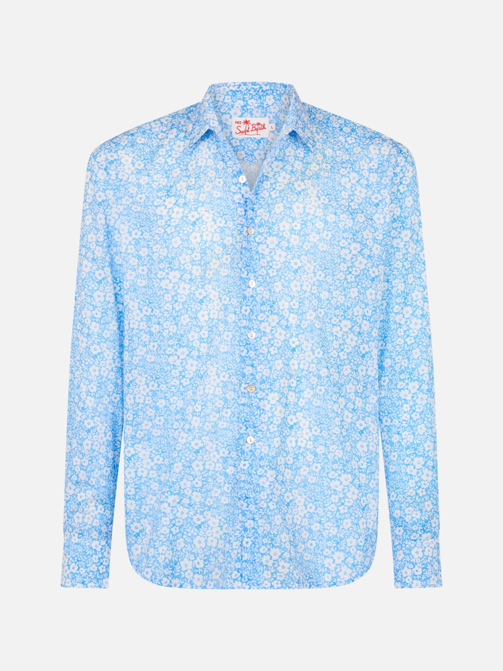 Mc2 Saint Barth Man Muslin Cotton Shirt Sikelia With Micro Flower Print In Sky