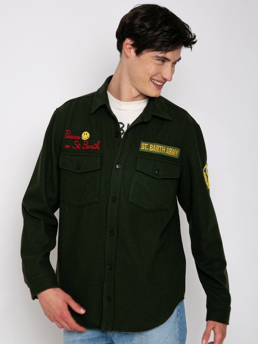 Mc2 Saint Barth Moleskin Overshirt With Peace In St. Barth Embroidery In Green