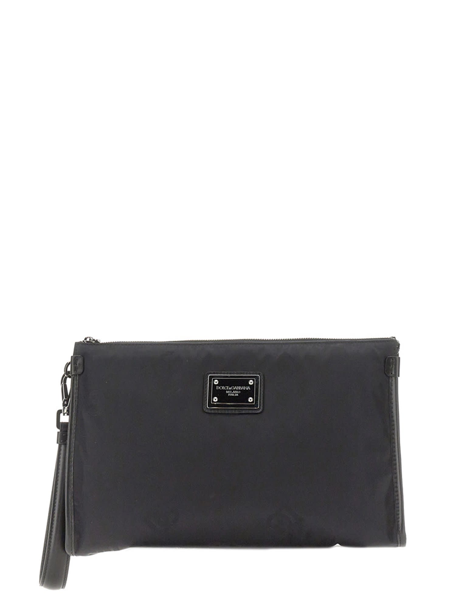 Dolce & Gabbana Logo Plaque Top Zip Clutch In Black