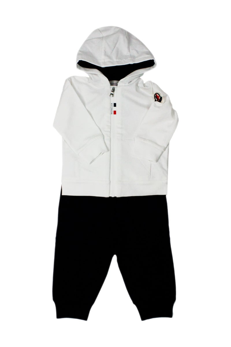 Moncler Full Cotton Tracksuit With Hooded Sweatshirt And Rubberized Zip With Writing And Trousers With Elastic Waistband