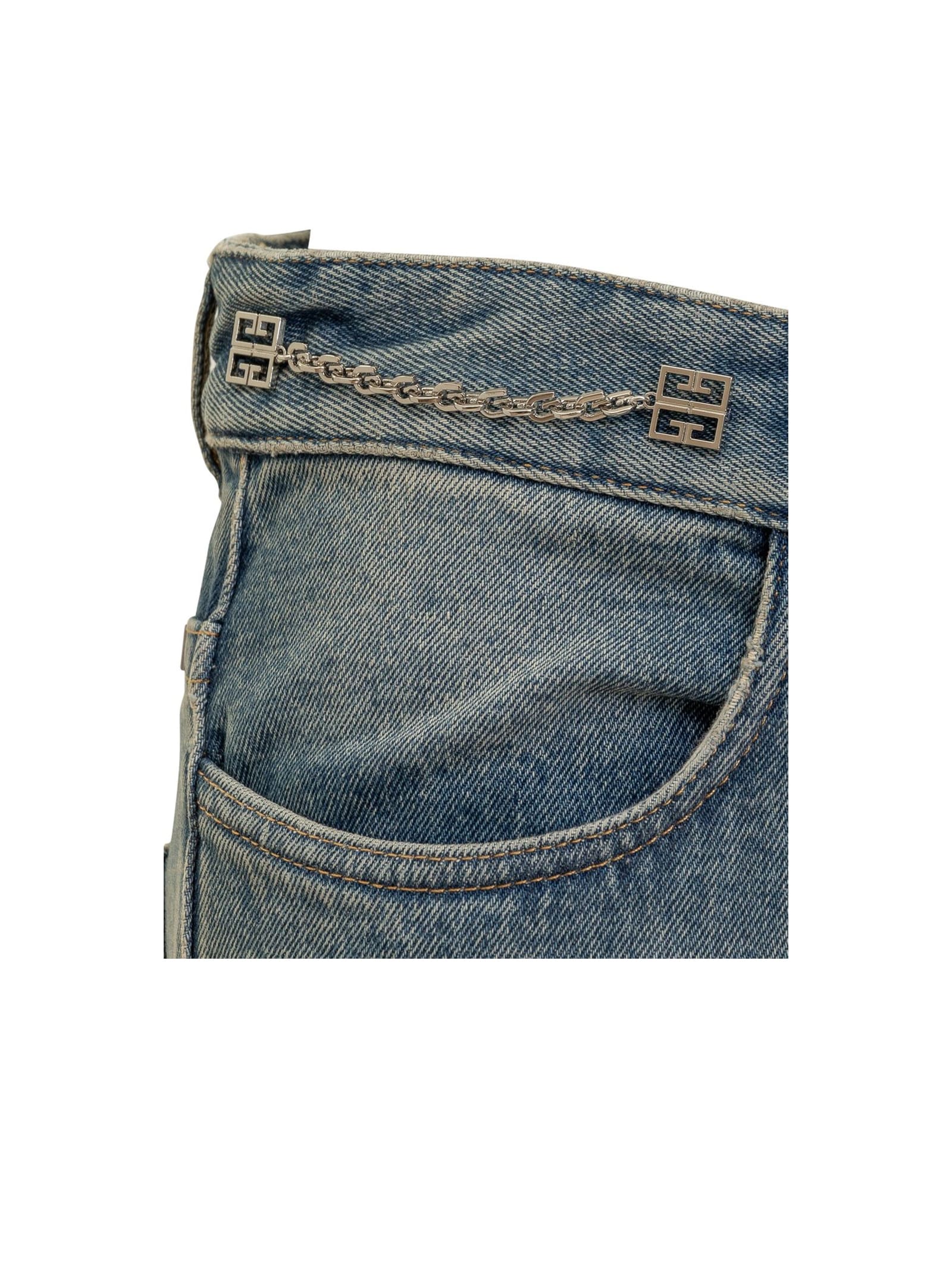 Shop Givenchy Denim Boot Cut Trousers With Chains In Medium Blue