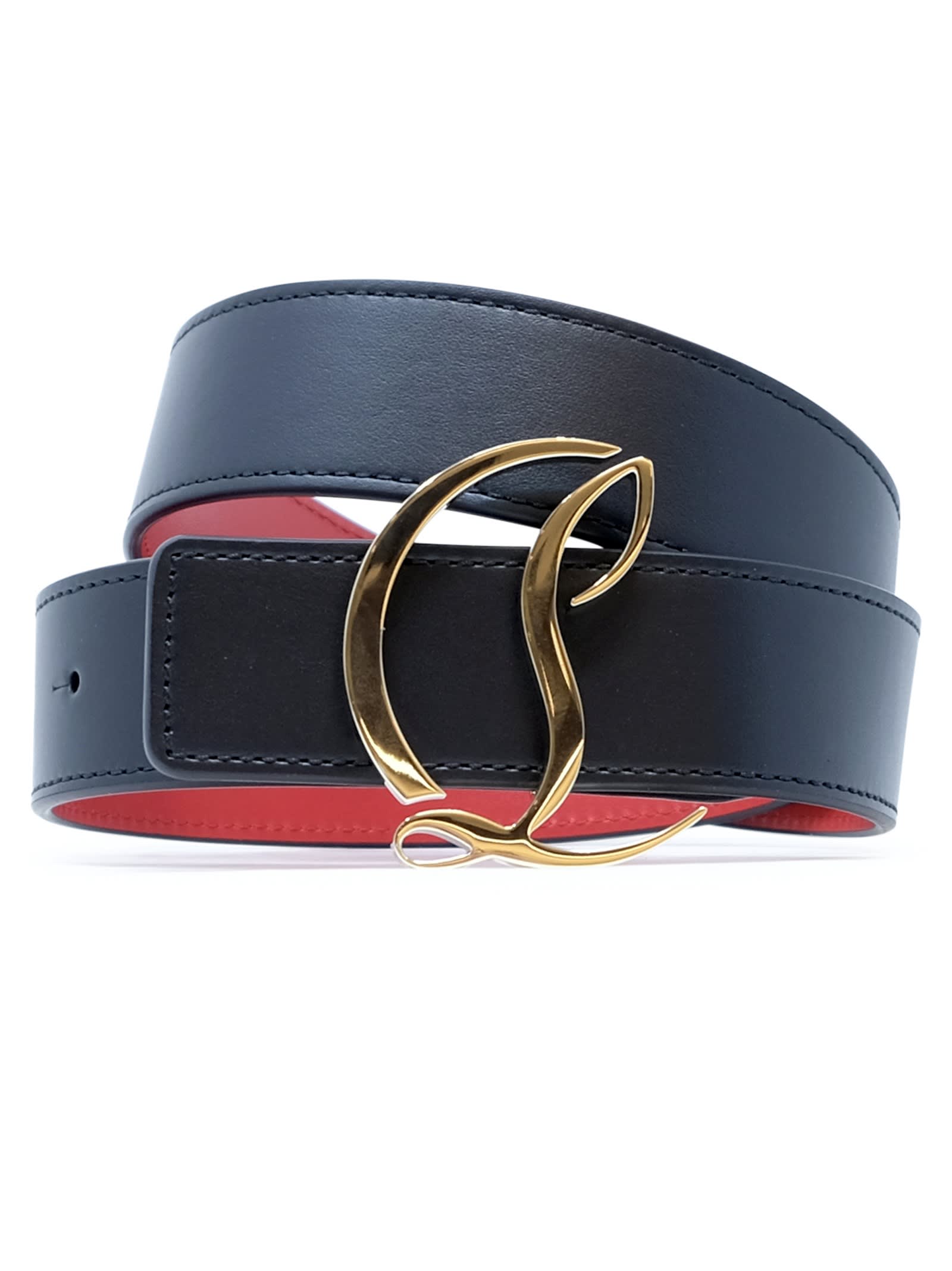 Christian Louboutin Black Gold Calf Paris Leather Metal W Cl Logo 35 Belt In Blue