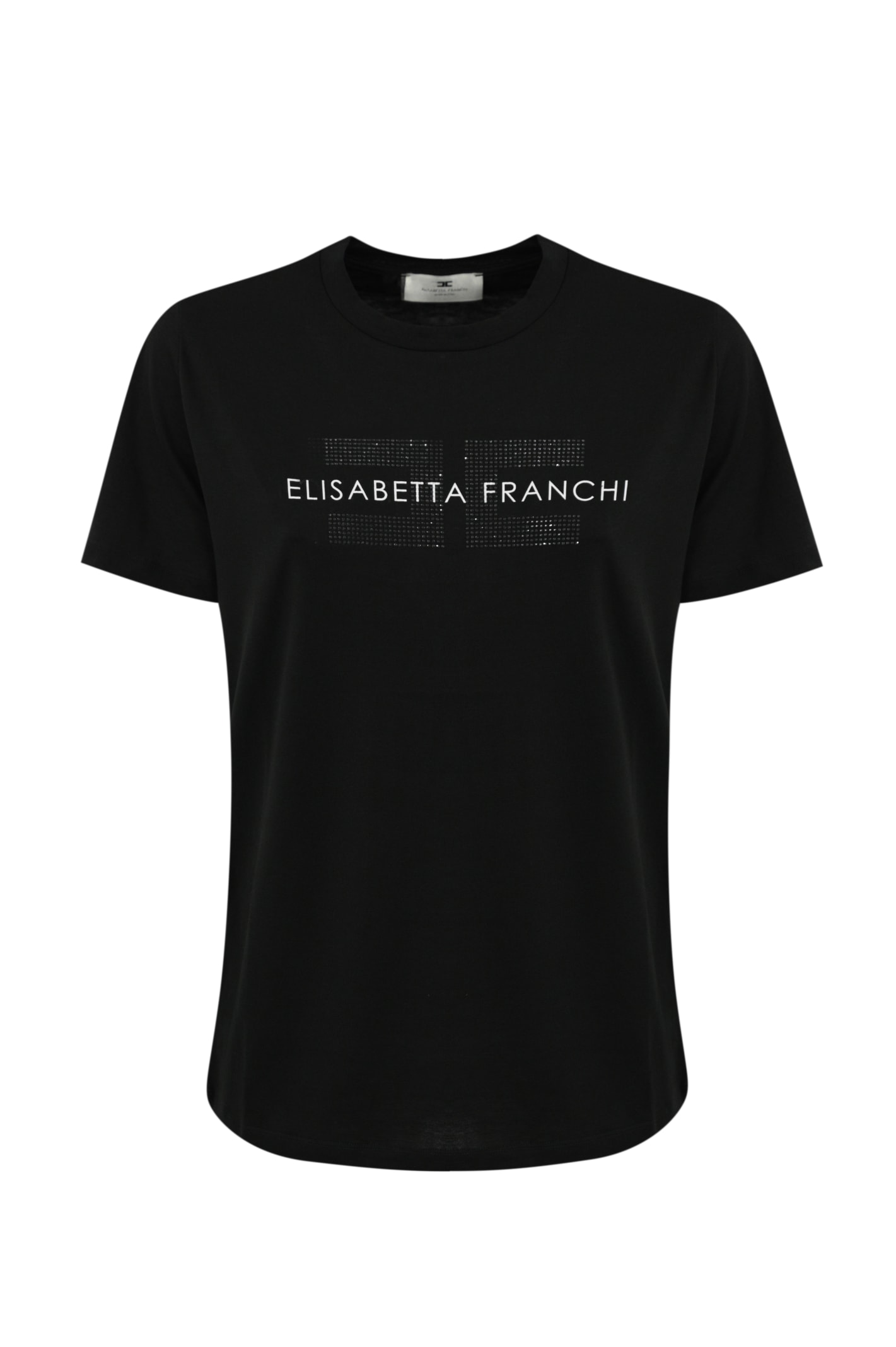 Shop Elisabetta Franchi Jersey T-shirt With Rhinestone Logo In Nero