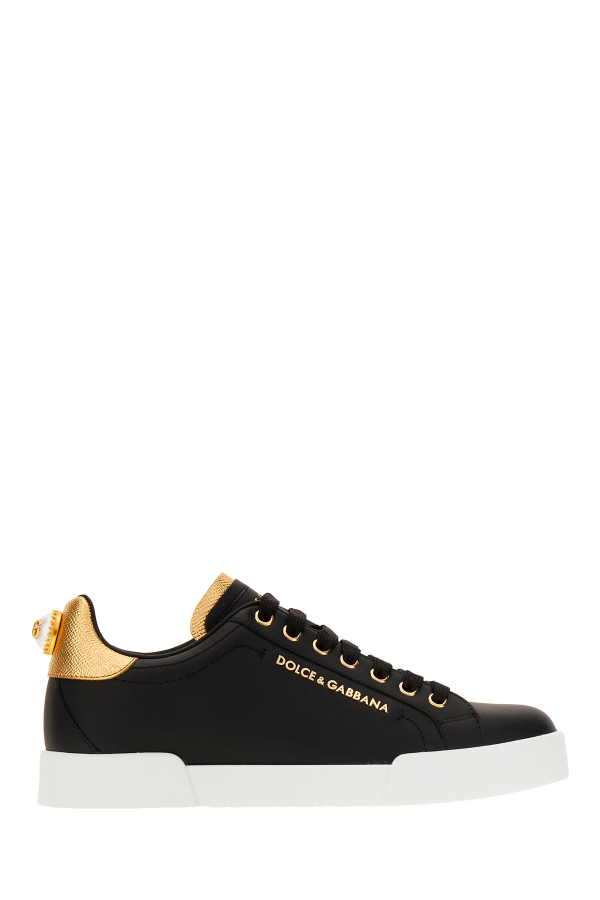 Dolce & Gabbana Black Nappa Leather Portofino Sneakers In Black Gold