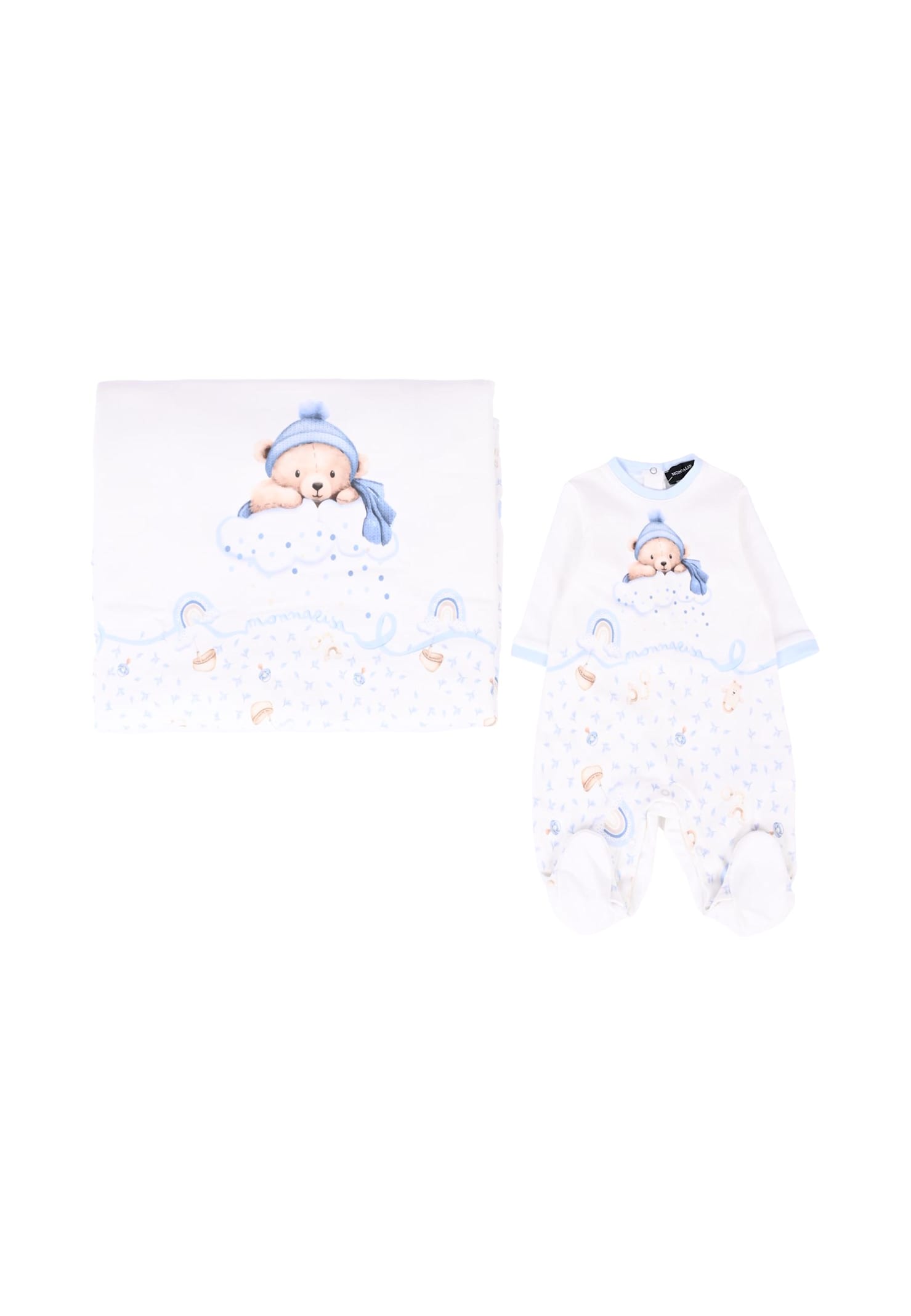 Monnalisa White Babygrow Setfor Baby Boy With Bear In White
