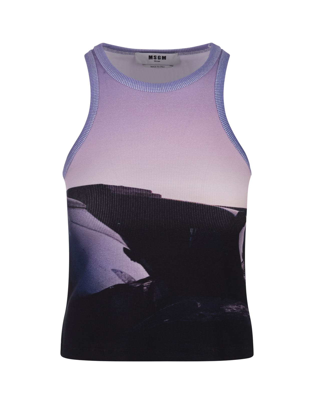 Shop Msgm Ribbed Tank Top With Print In Purple