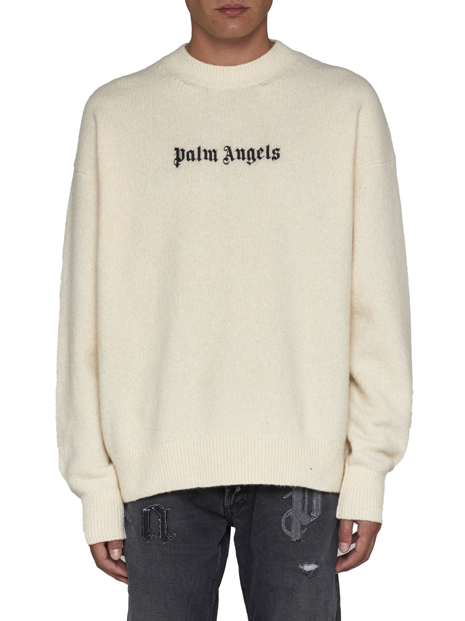 Palm Angels "classic Logo" Merino Wool And Cashmere Sweater In Avorio