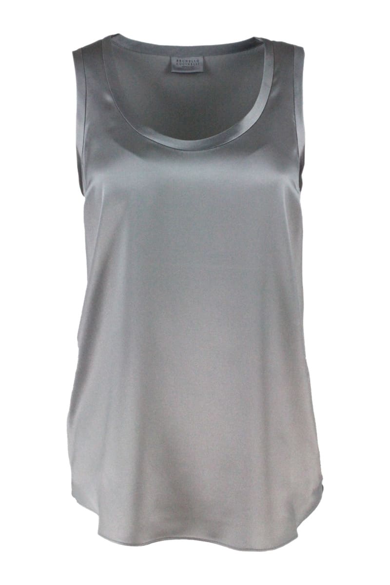 Shop Brunello Cucinelli Sleeveless Round Neck Top In Stretch Silk In Grey
