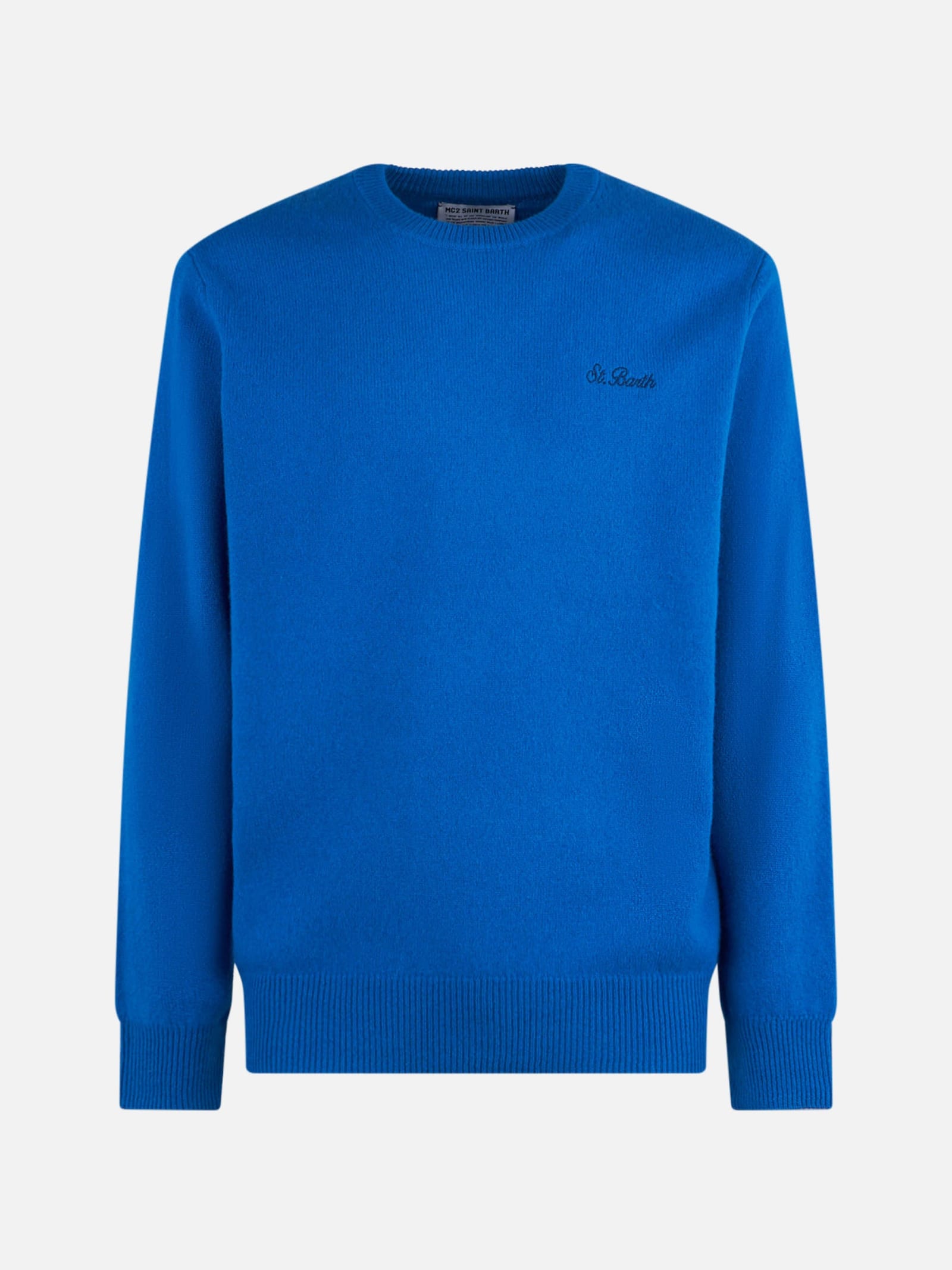 Mc2 Saint Barth Man Crewneck Bluette Sweater With St. Barth Embroidery In Blue