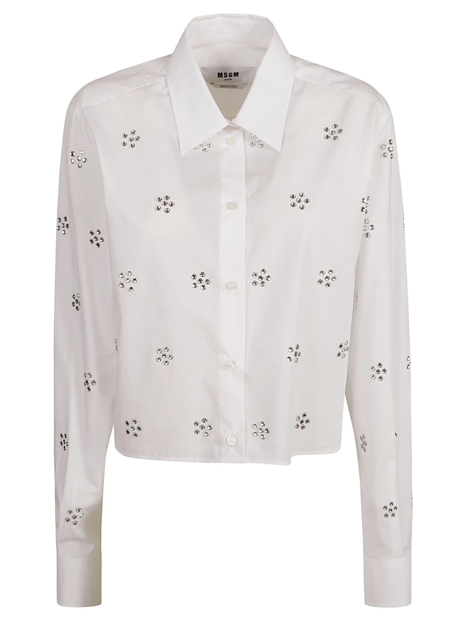 Msgm Cropped Embellished Shirt In White