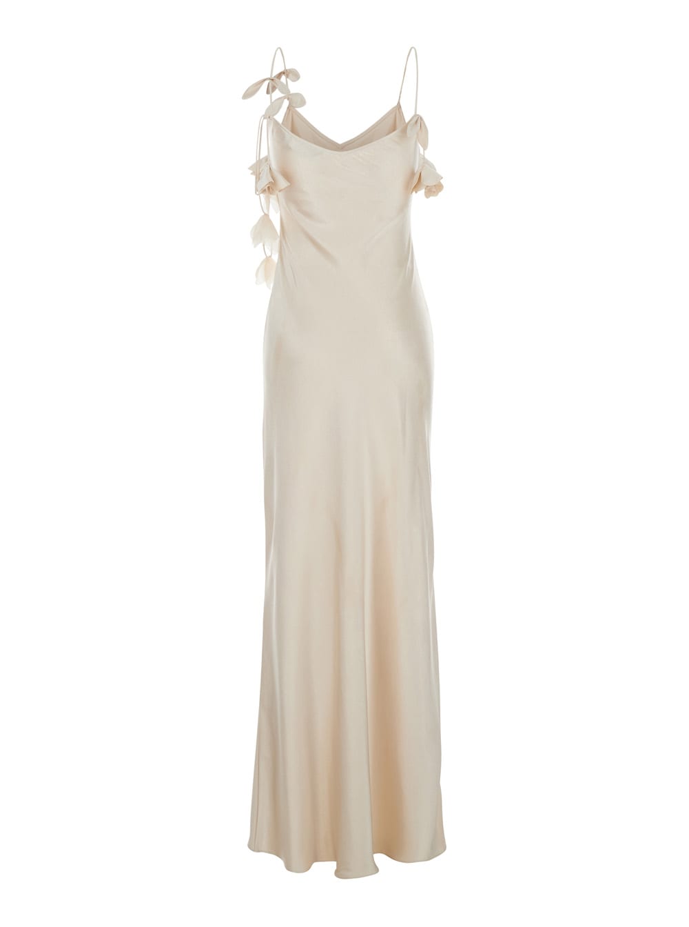 Shop Self-portrait Beige Long Dress With Spaghetti Straps And Ruched Details In Tech Fabric Woman