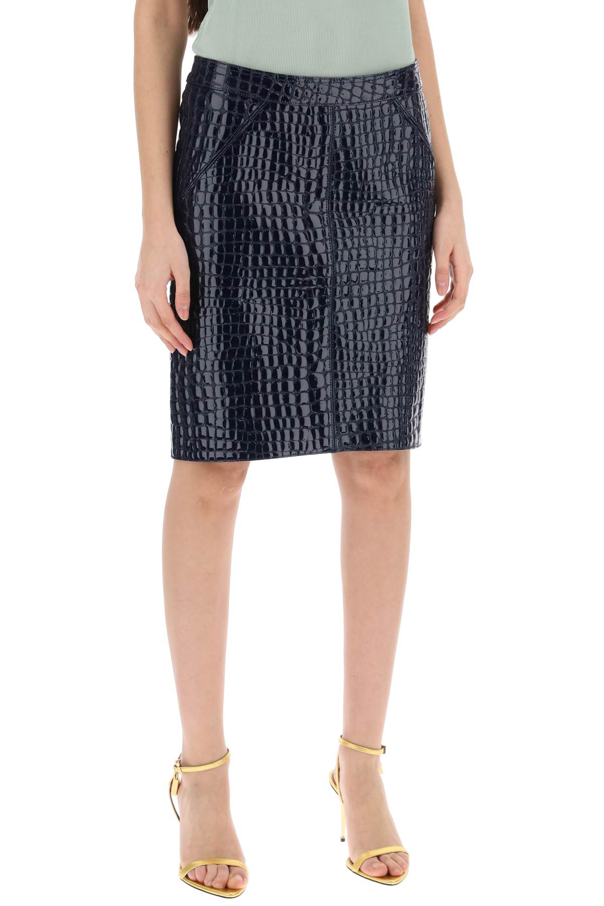 Shop Tom Ford Crocodile Effect Leather Skirt In Deep Blue (blue)