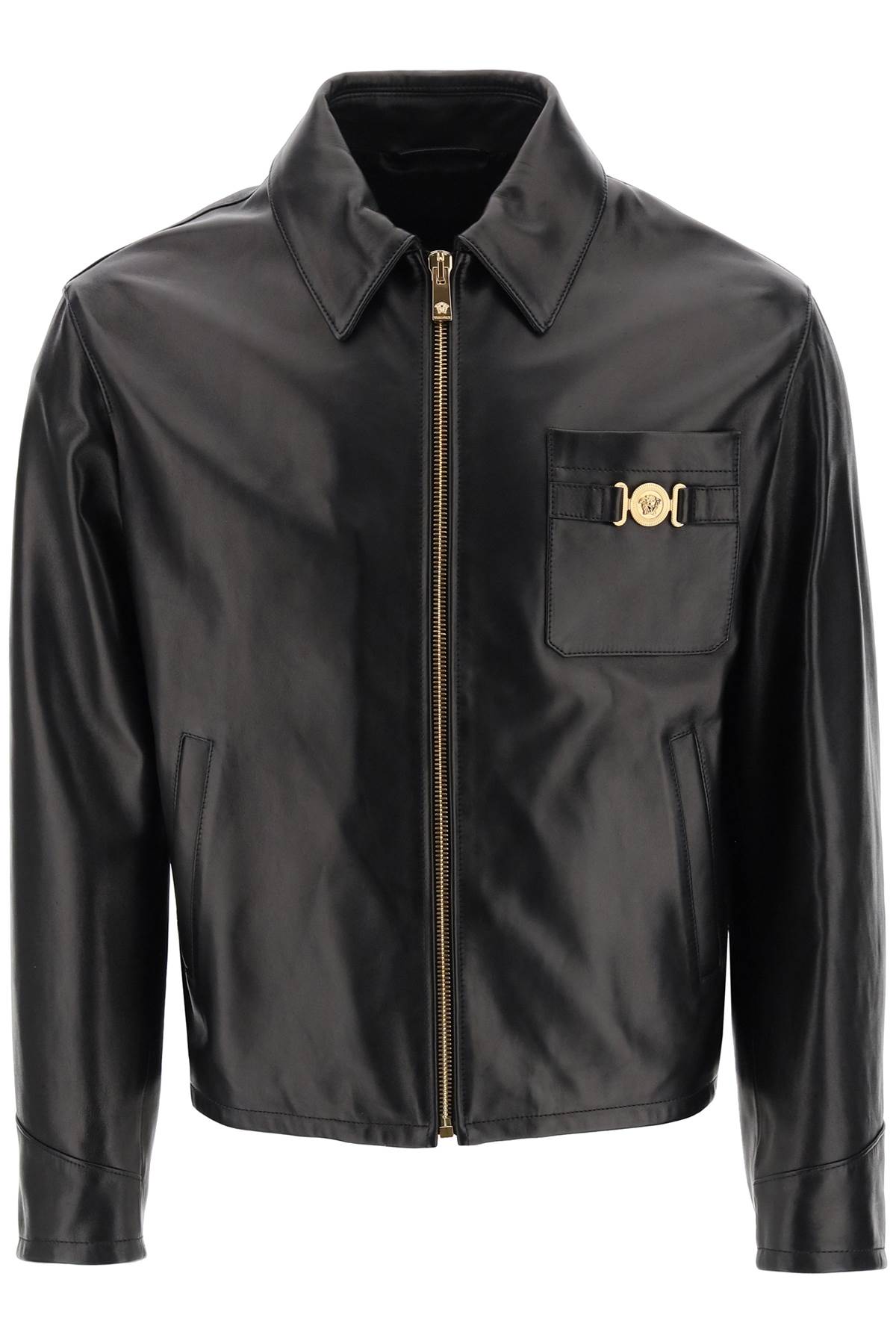 Shop Versace Leather Blouse Jacket In Black (black)