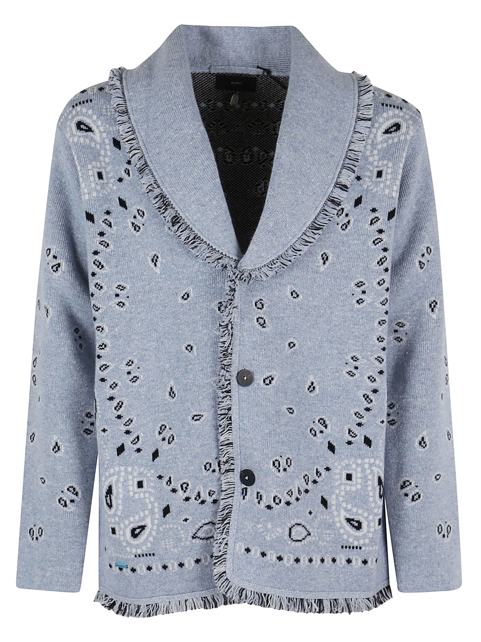 Alanui Shawl-collar Fringed Bandana-jacquard Cashmere Cardigan In Denim Multic
