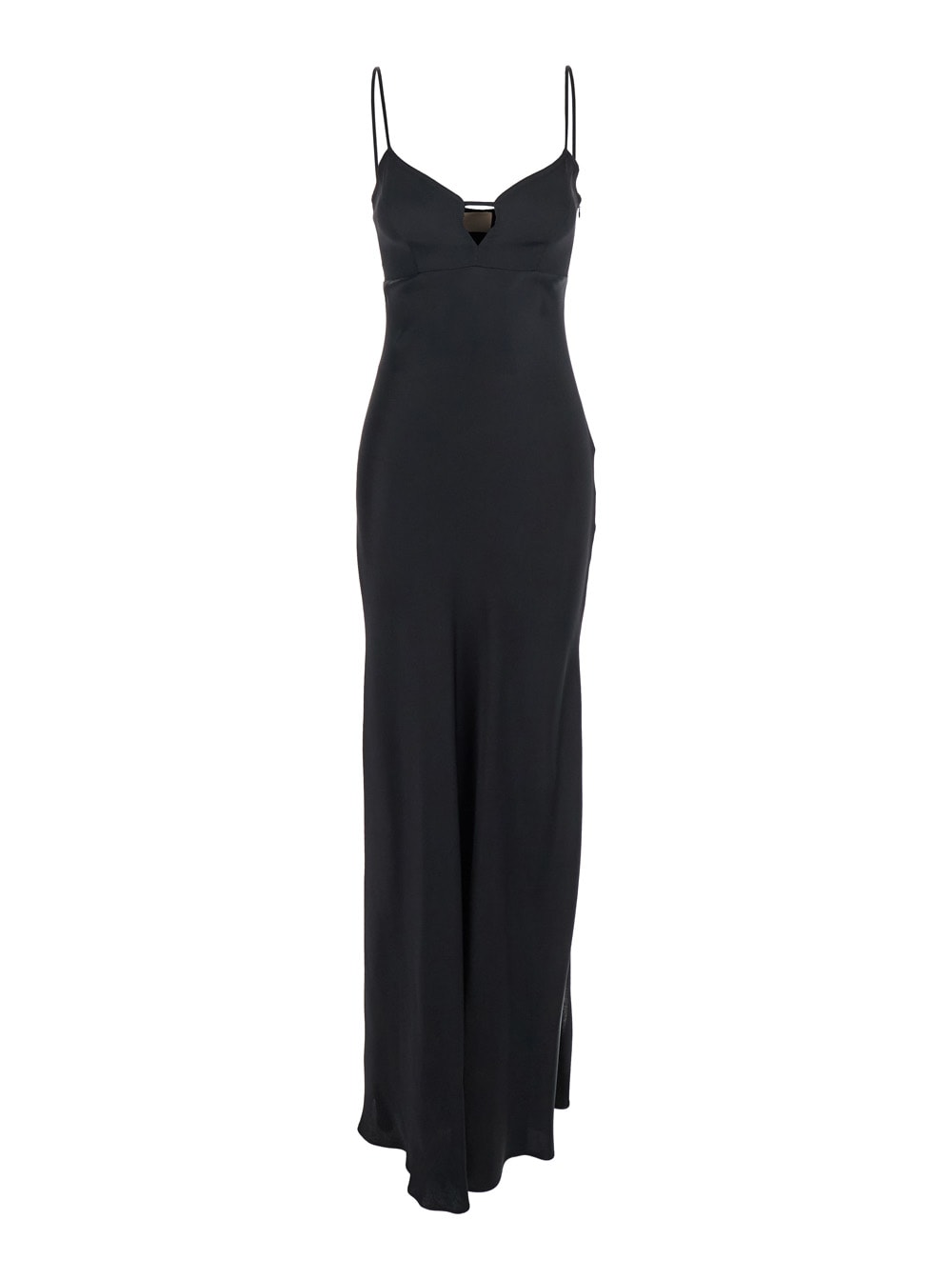 Black Long Dress With Thin Shoulder Straps And Metallic Logo Plaque On The Back In Tech Fabric Woman