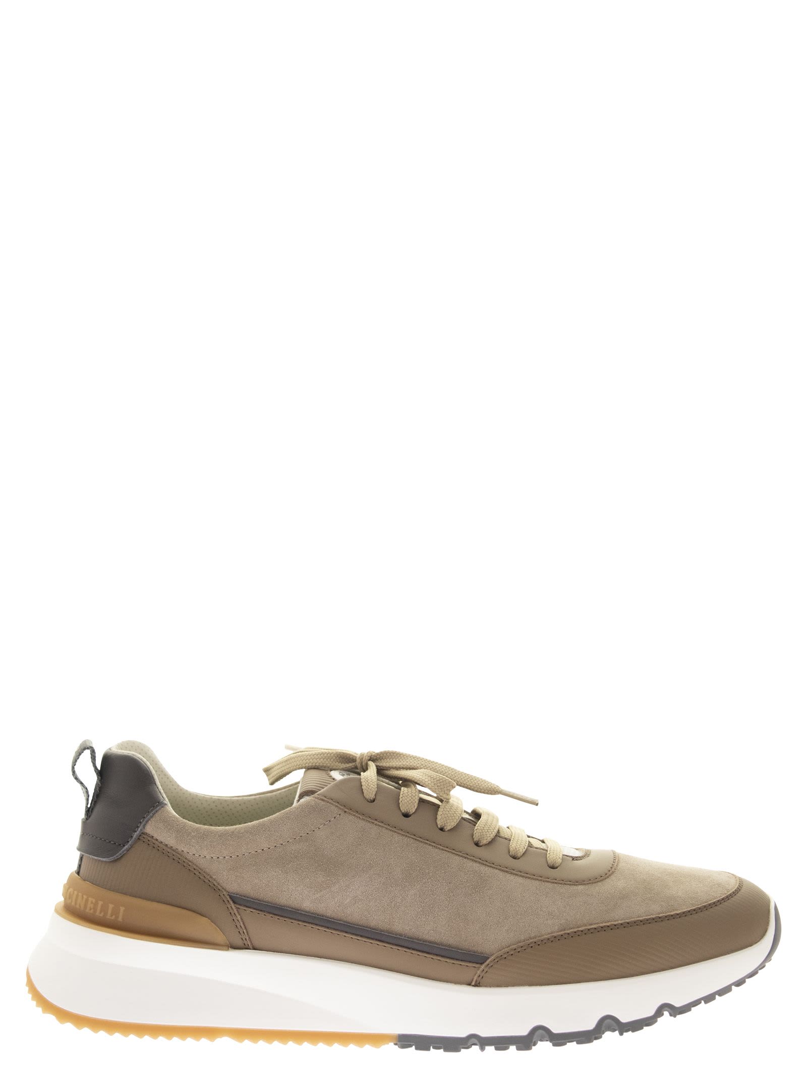 Brunello Cucinelli Washed Suede And Striped Calfskin Runners