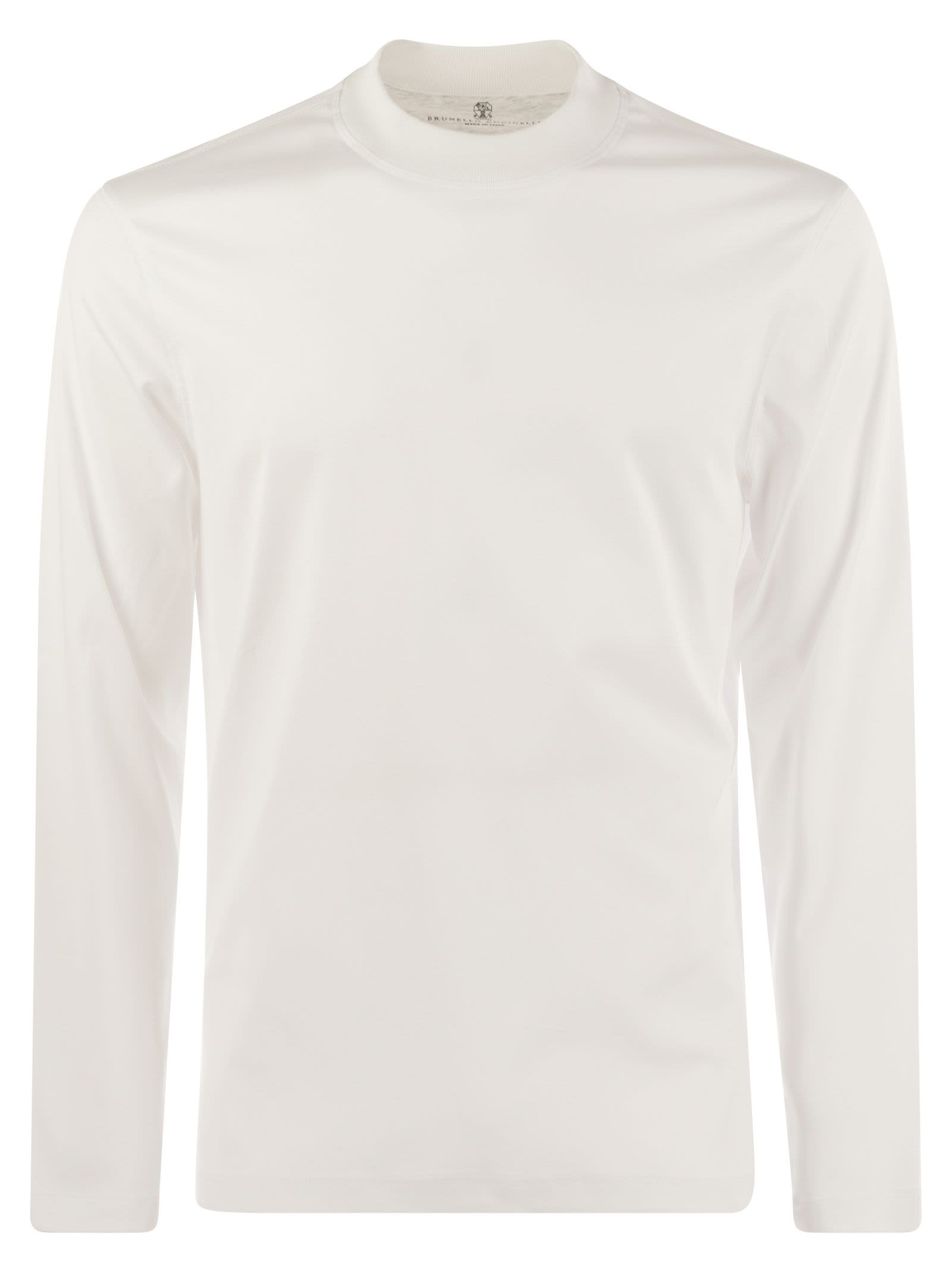 Shop Brunello Cucinelli Long-sleeve Cotton Jersey Chimney Neck T-shirt In White