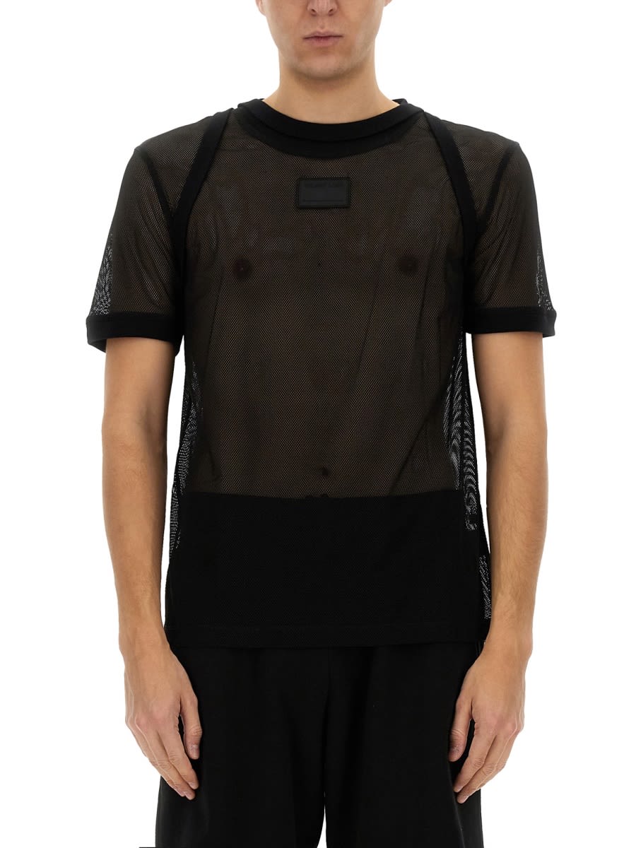 Helmut Lang Semi-transparent Mesh T-shirt With Graphic Print In Black