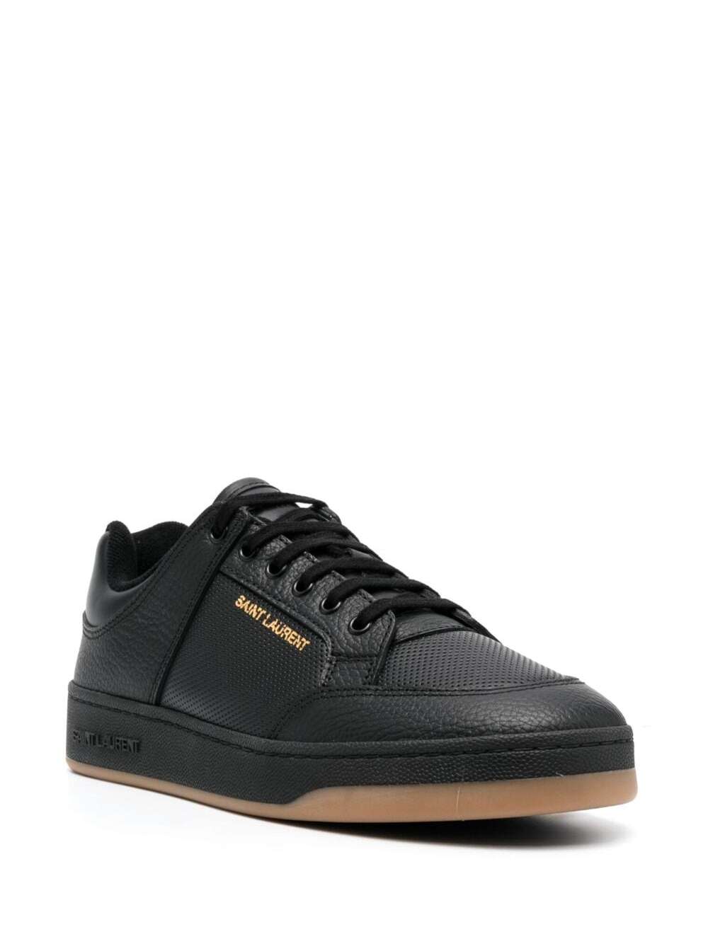 Shop Saint Laurent Black Low Top Sneakers With Laminated Logo In Hammered Leather Man