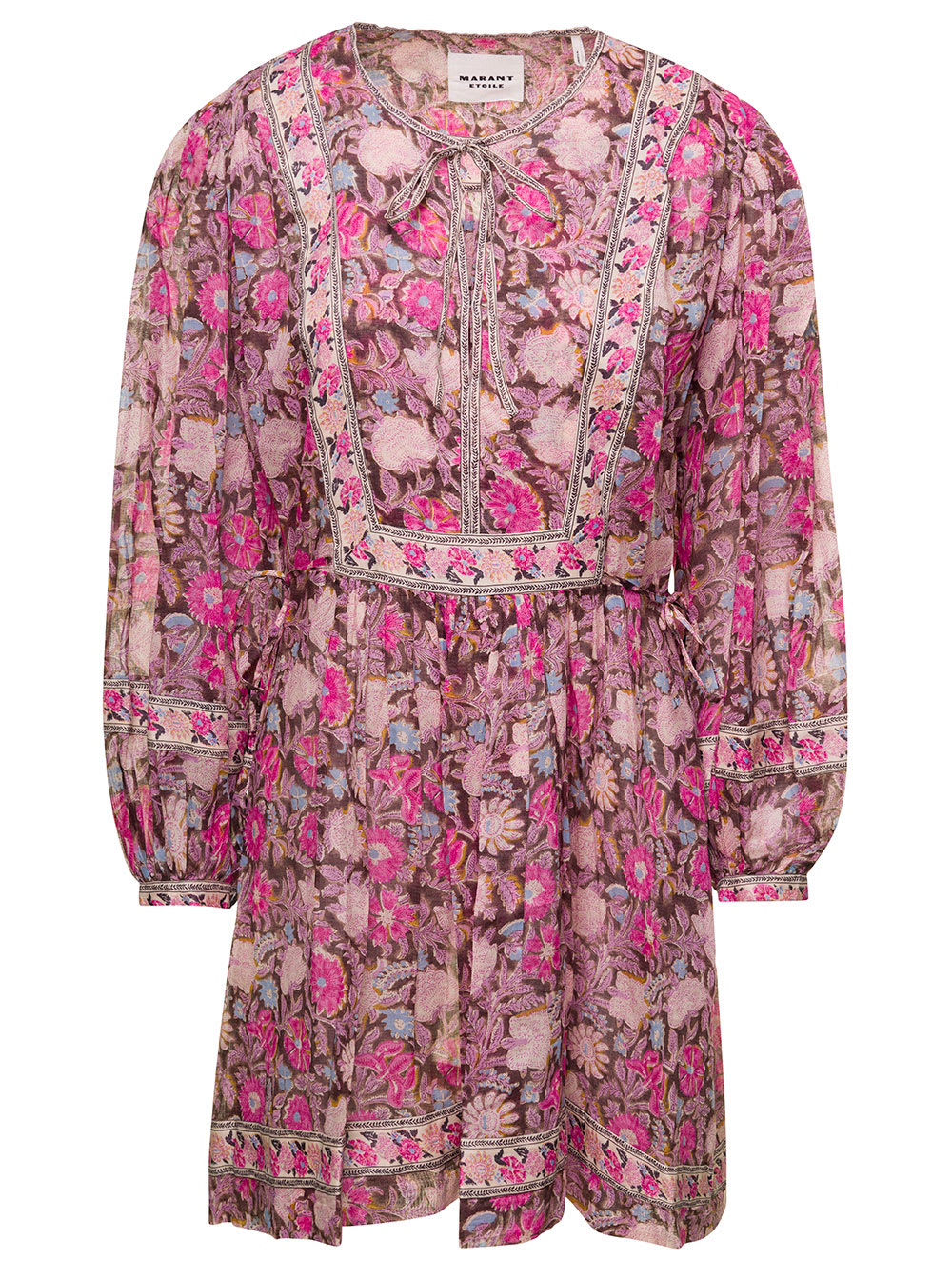 Shop Isabel Marant Étoile Floral Print Pink Mini Dress With Long Sleeves In Cotton Woman In Multicolor