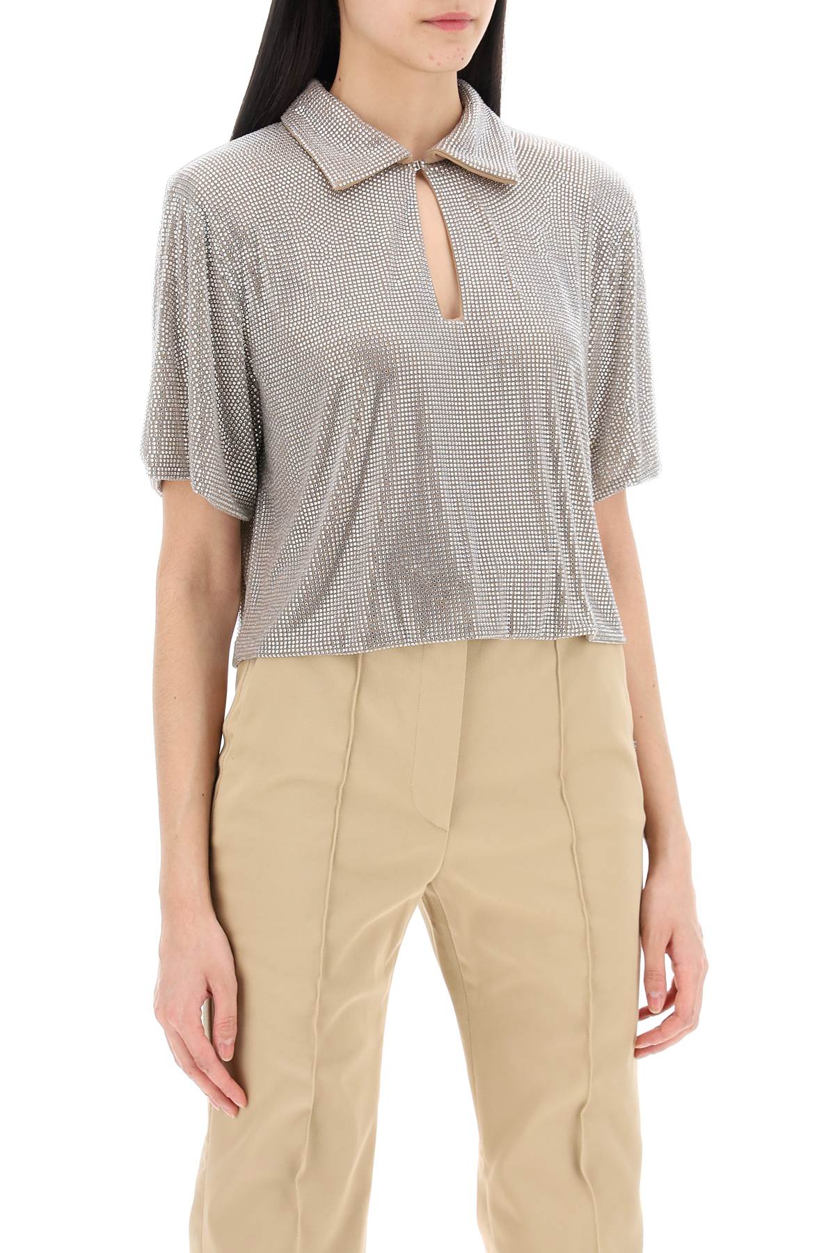 Shop Giuseppe Di Morabito Mesh Top With Rhinest In Beige Crystal (silver)