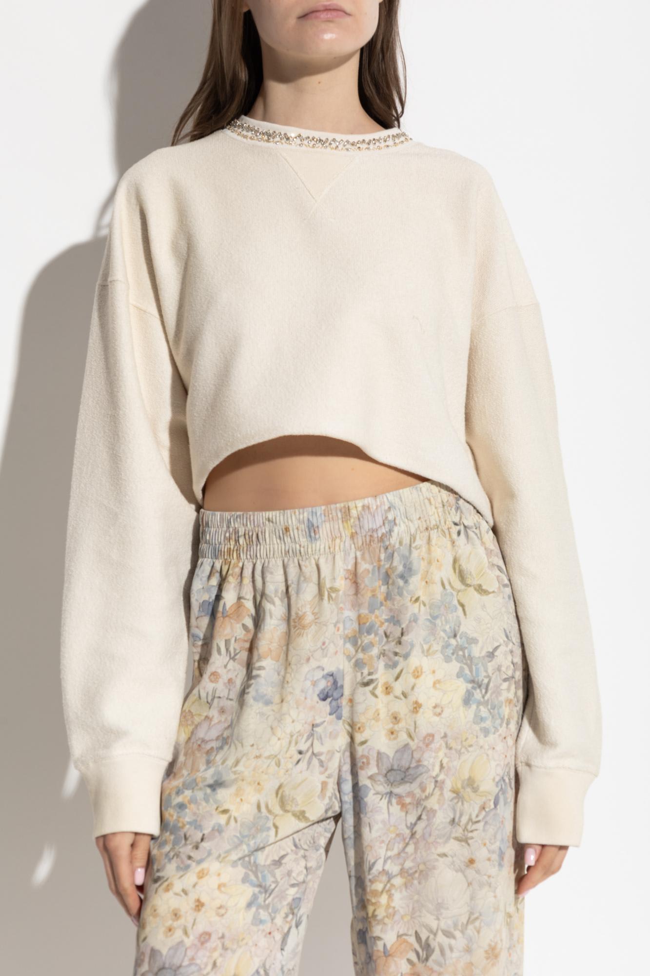 Golden Goose "journey W`s" Cropped Crew Neck Sweatshirt Overprinted Cotton Fleece Vintage Treatment In White