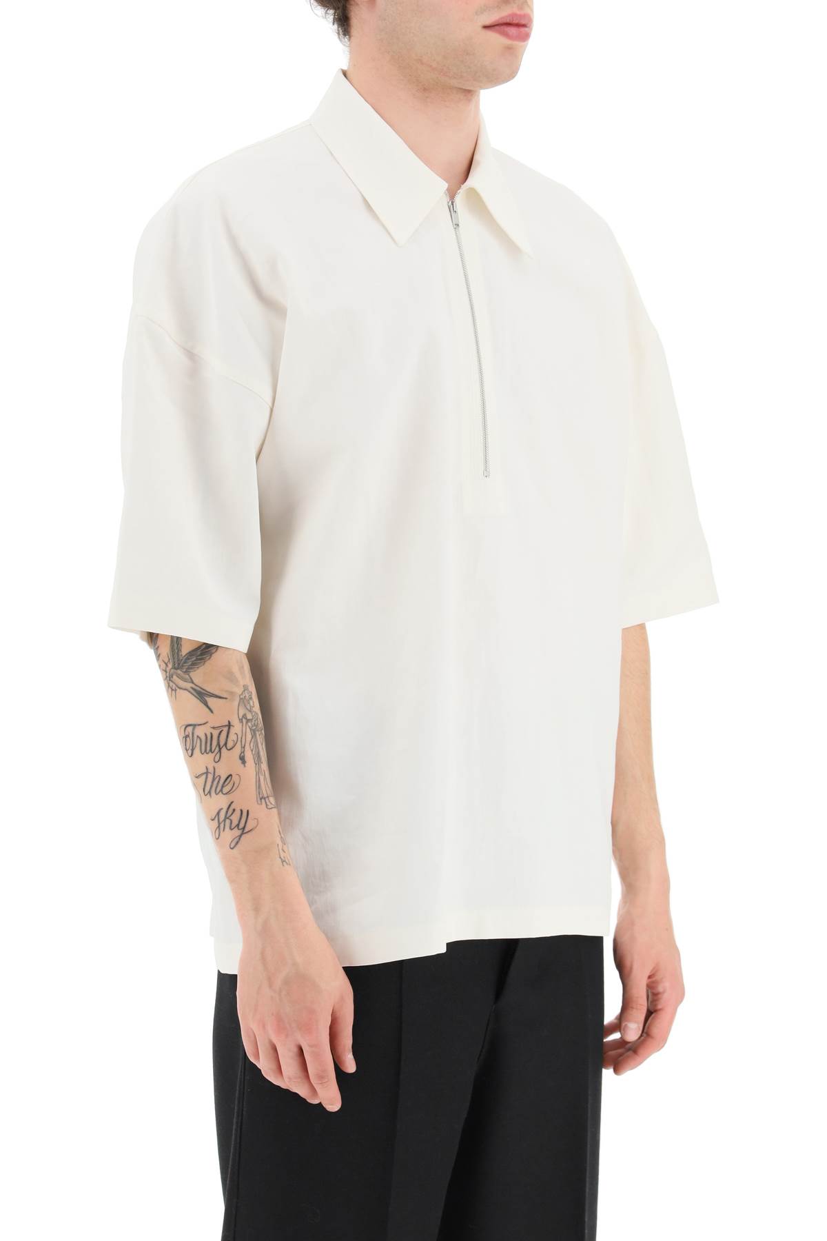 Zipped Coated-linen Short-sleeved Shirt In White