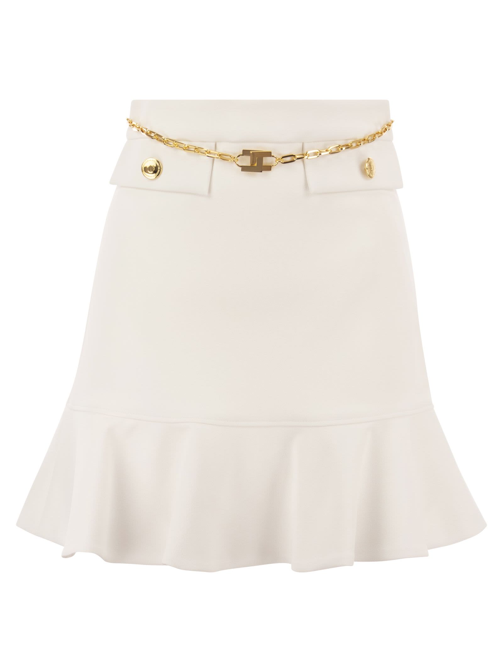 Elisabetta Franchi Short Skirt With Chain And Flounce In Ivory
