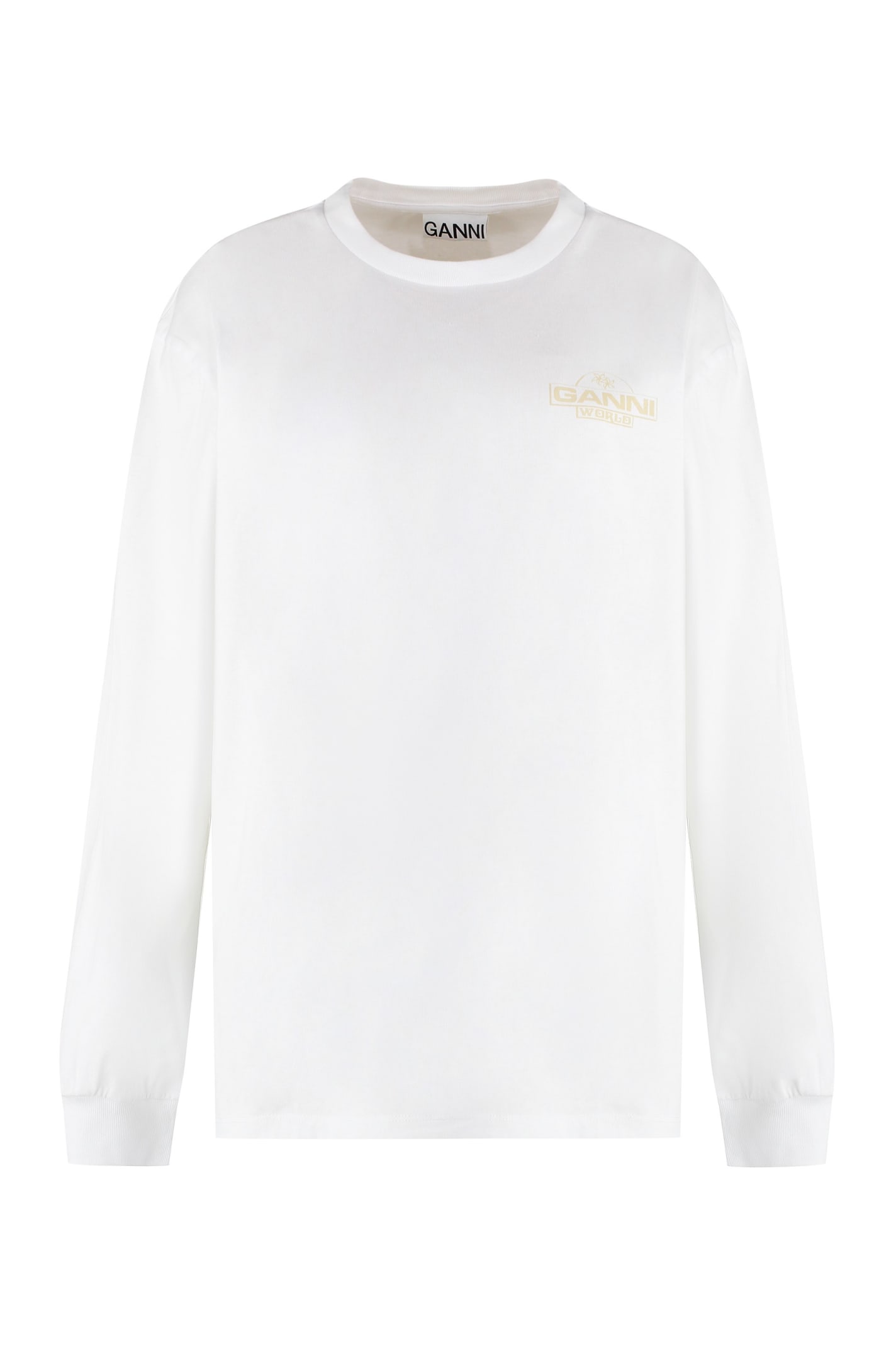 Shop Ganni Long Sleeve Cotton T-shirt In White