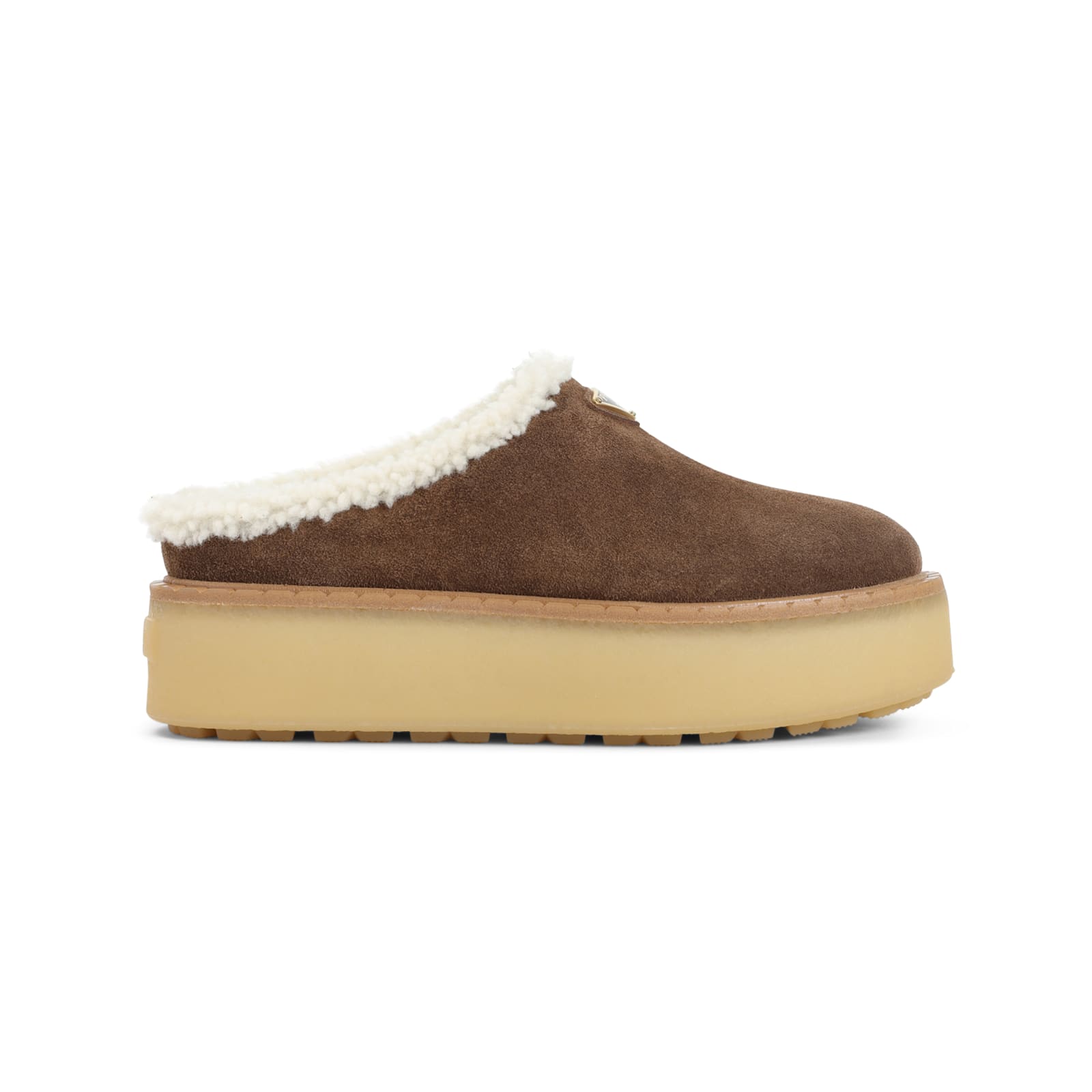 Prada Brown Suede Mules With Shearling Trim And Plush Lining In Brown
