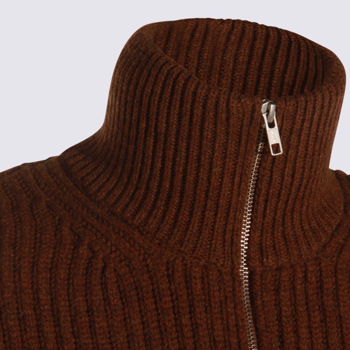 Mm6 Maison Margiela High Neck Ribbed Crewneck Sweater With Distressed Elbow Patches In Brown