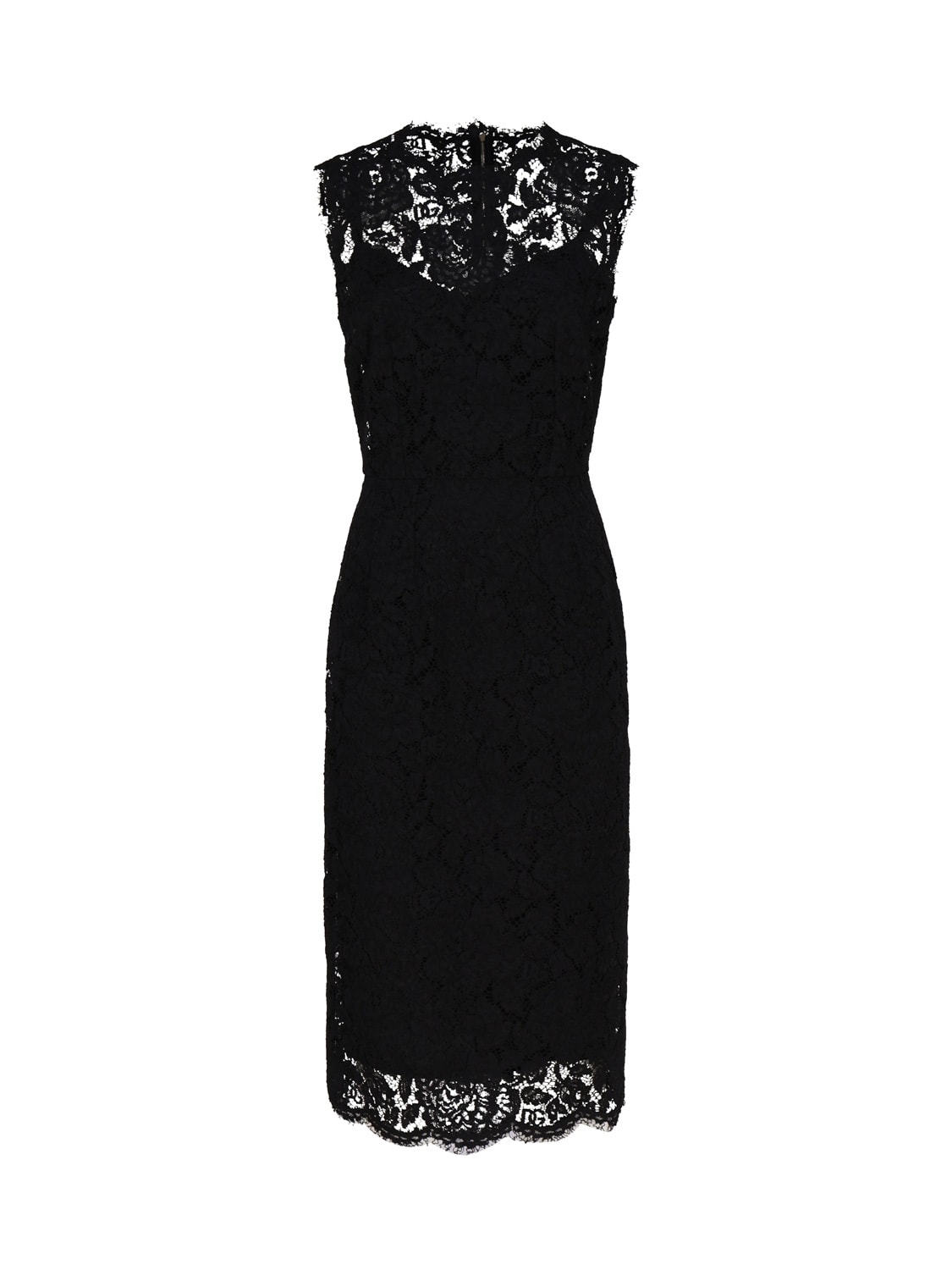 Dolce & Gabbana Longuette Dress In Logoed Stretch Lace In Nero