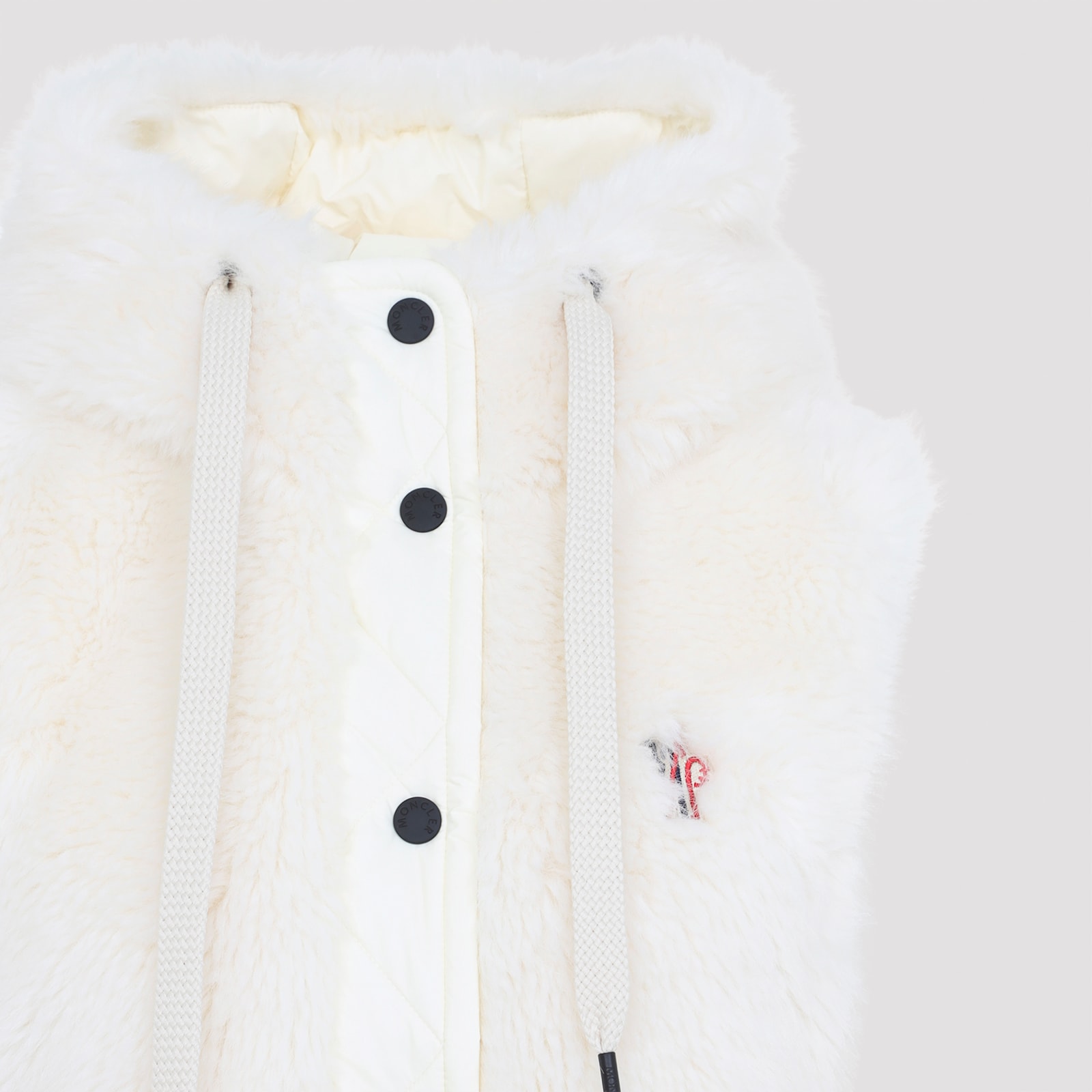 Moncler Hooded Sleeveless Faux Fur Jacket With Drawstring In White