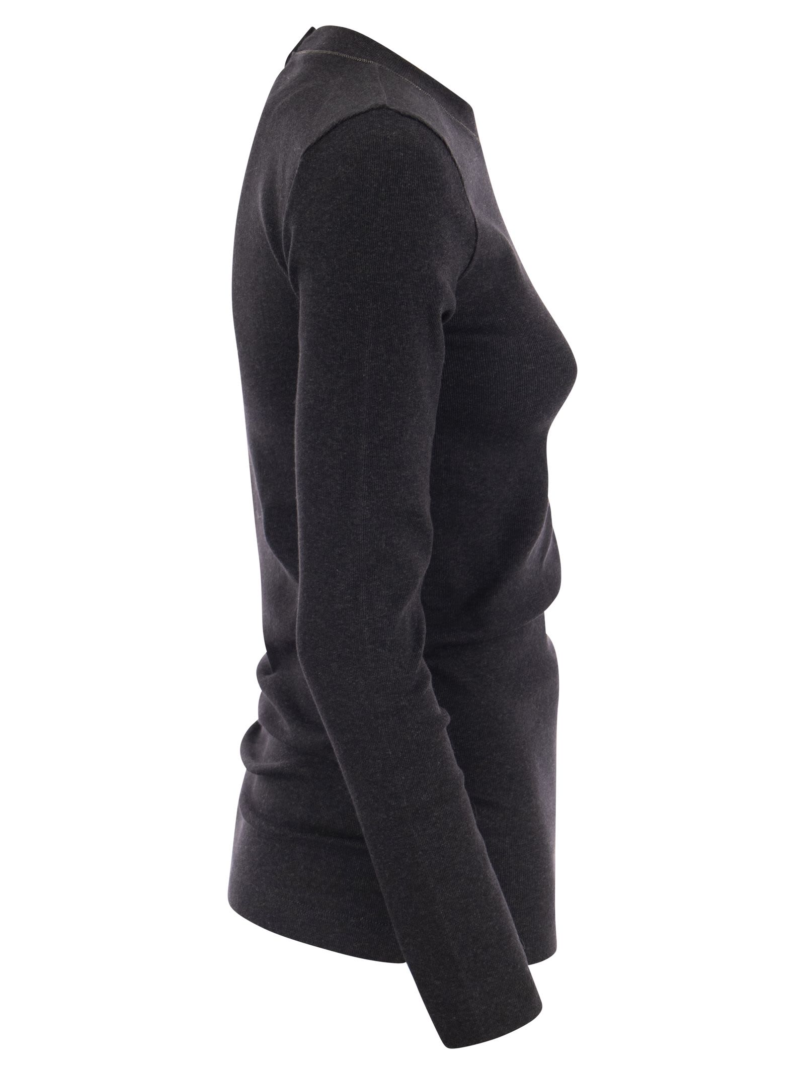 Brunello Cucinelli Ribbed Stretch Cotton Jersey T-shirt With Jewellery In Lead